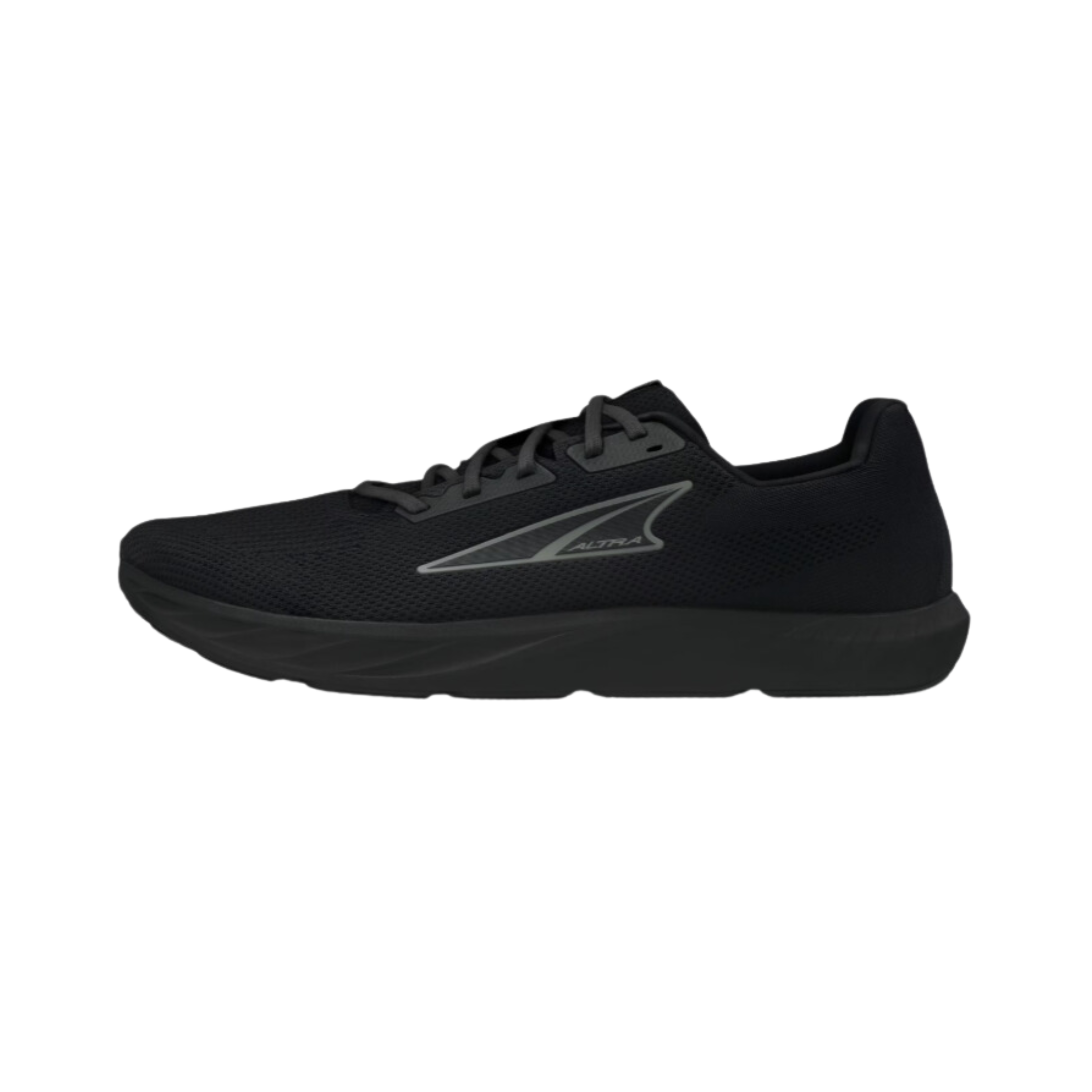 Side view of Men’s Altra Escalante 4 athletic shoe in all black – featuring seamless mesh upper, cushioned midsole, and lightweight outsole.