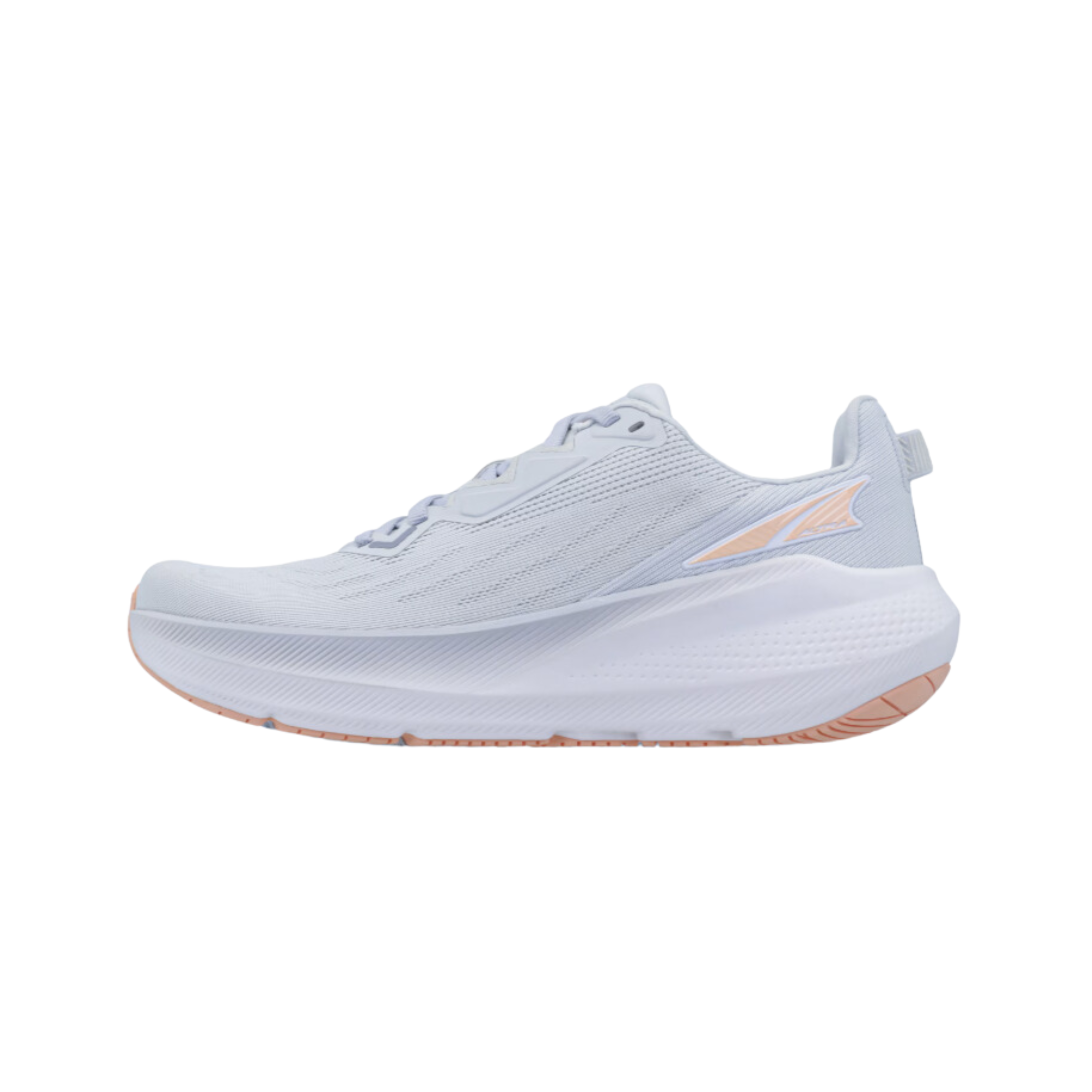 Side view of Women’s Altra FWD Via athletic shoe in light grey, peach, and white – featuring mesh upper for breathability, cushioned sole, and ergonomic fit.