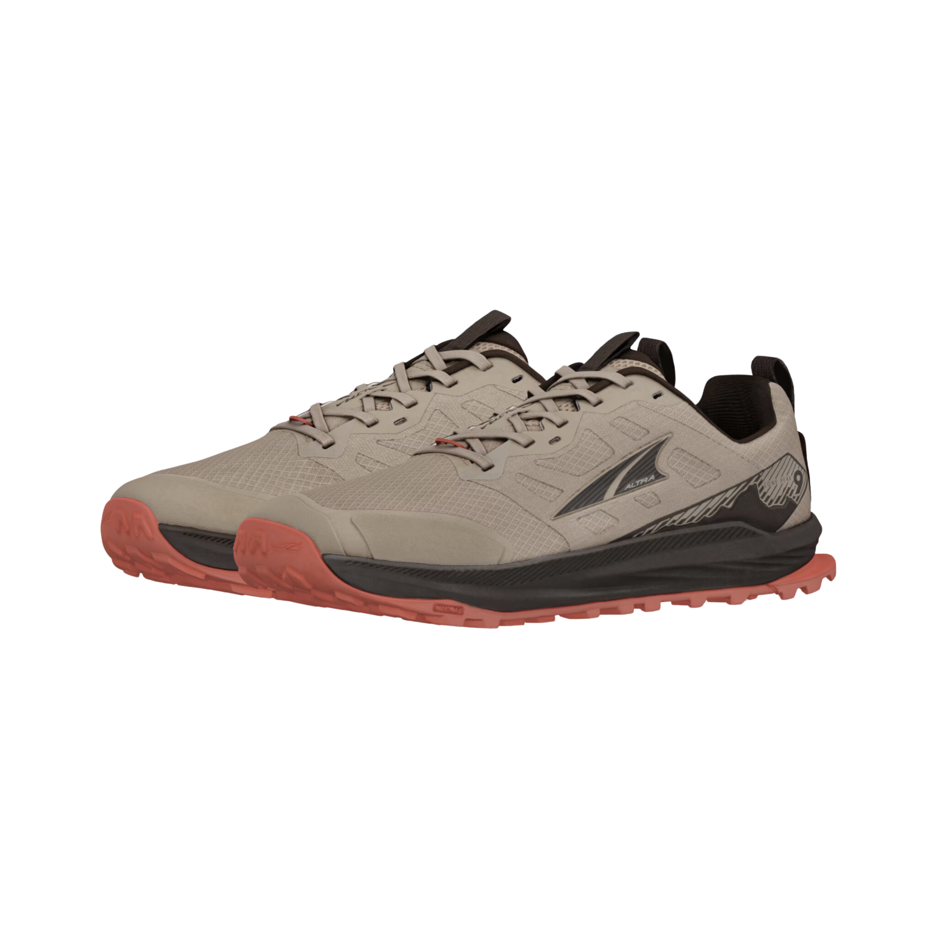 Side view of Men’s Altra Lone Peak 9 athletic trail shoe in brown, black, and red – featuring waterproof breathable upper, cushioned midsole with Zero Drop platform, durable outsole with aggressive tread, and protective toe bumper.