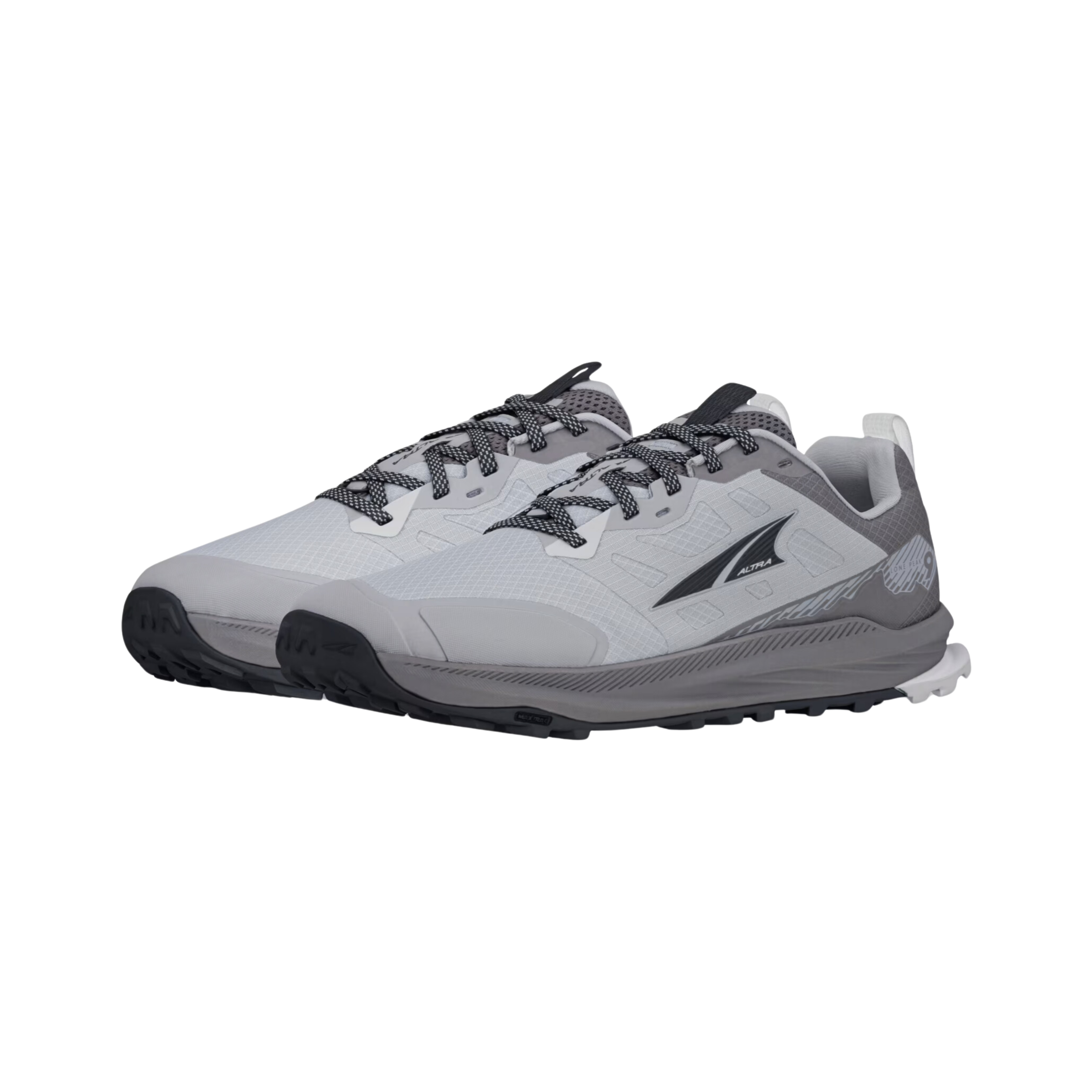 Side view of Men’s Altra Lone Peak 9 athletic trail shoe in grey – featuring breathable waterproof upper, cushioned Zero Drop midsole for natural foot motion, rugged outsole for traction, and reinforced toe cap.