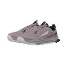 Side view of Women’s Altra Lone Peak 9 athletic trail shoe in purple, white, and black – featuring breathable upper with waterproof protection, cushioned midsole with Zero Drop platform, rugged outsole for superior traction, and toe bumper for trail protection.