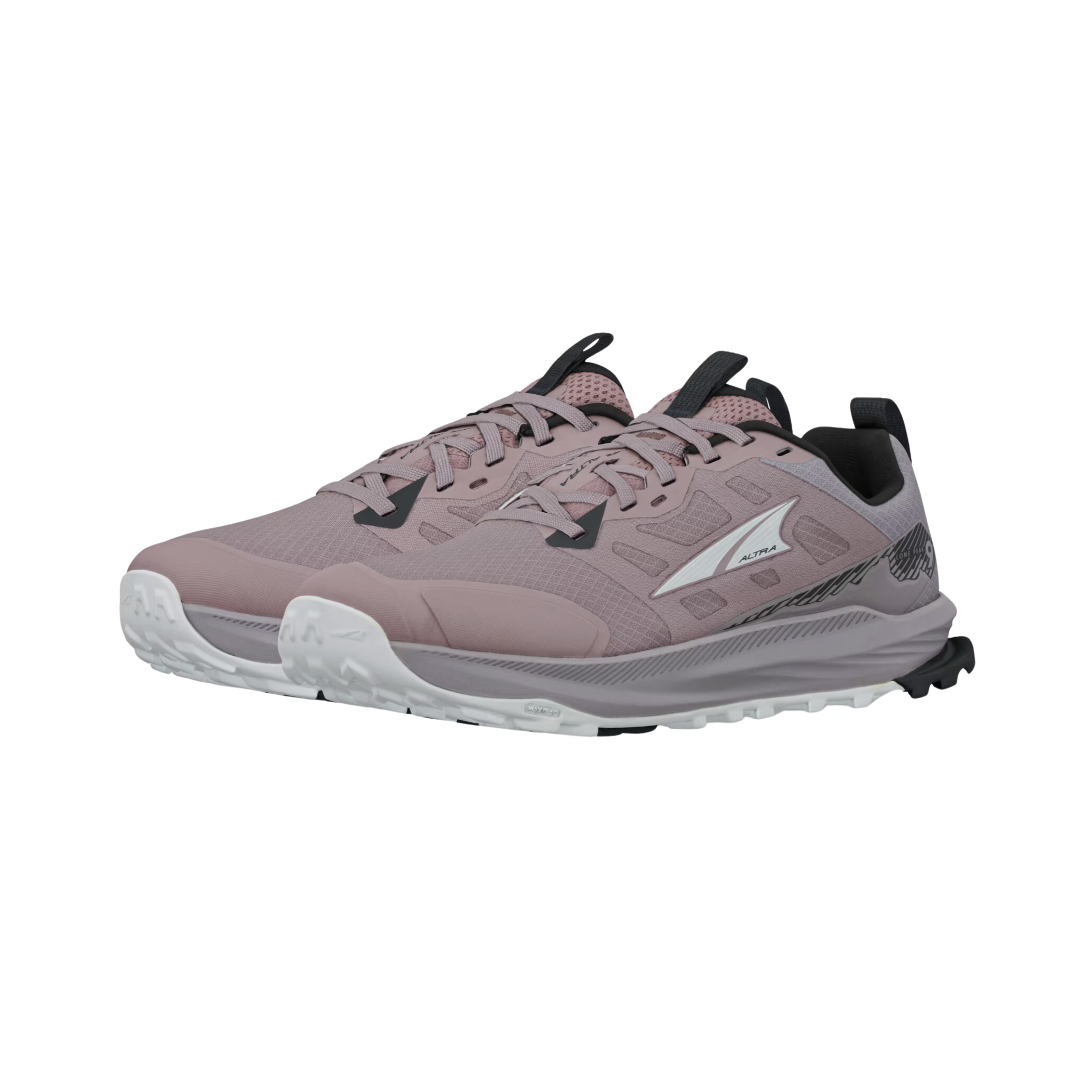Side view of Women’s Altra Lone Peak 9 athletic trail shoe in purple, white, and black – featuring breathable upper with waterproof protection, cushioned midsole with Zero Drop platform, rugged outsole for superior traction, and toe bumper for trail protection.