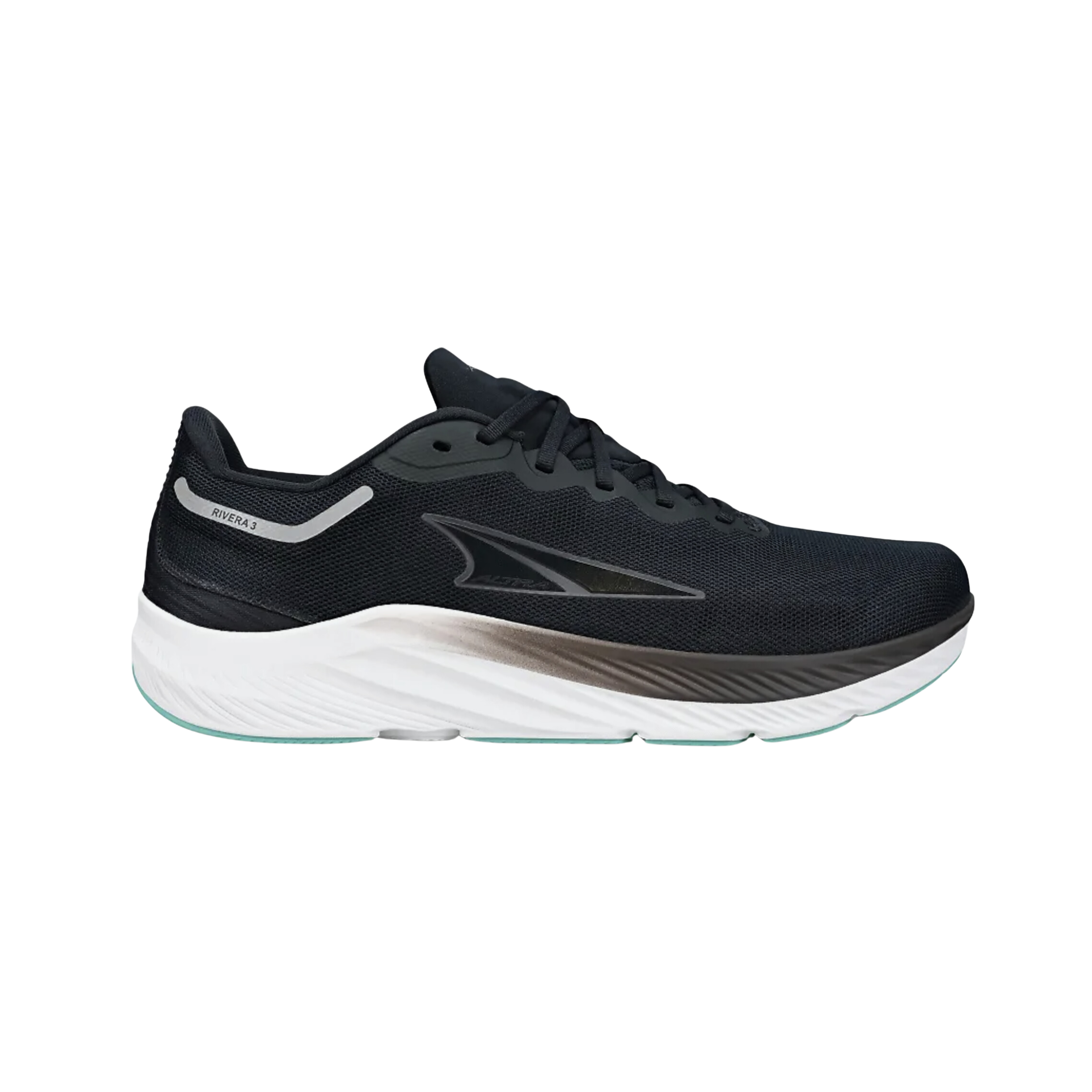 Side view of Men’s Altra Rivera 3 athletic shoe in black and white – highlighting breathable mesh, cushioned midsole, and versatile outsole for neutral runners.