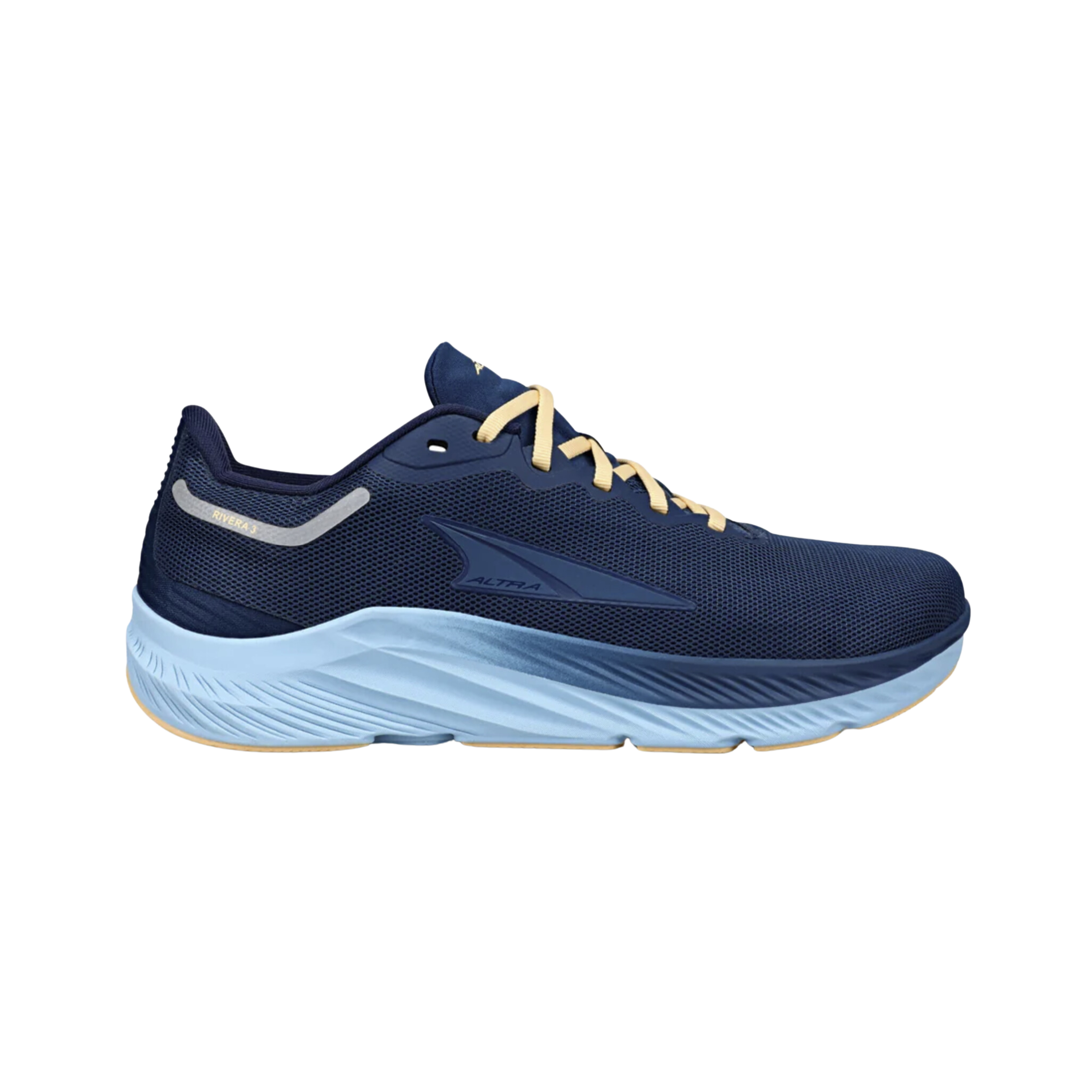 Side view of Women’s Altra Rivera 3 athletic shoe in navy, light blue, and yellow – featuring cushioned midsole for comfort, breathable engineered mesh upper, and slip-resistant outsole for enhanced grip.
