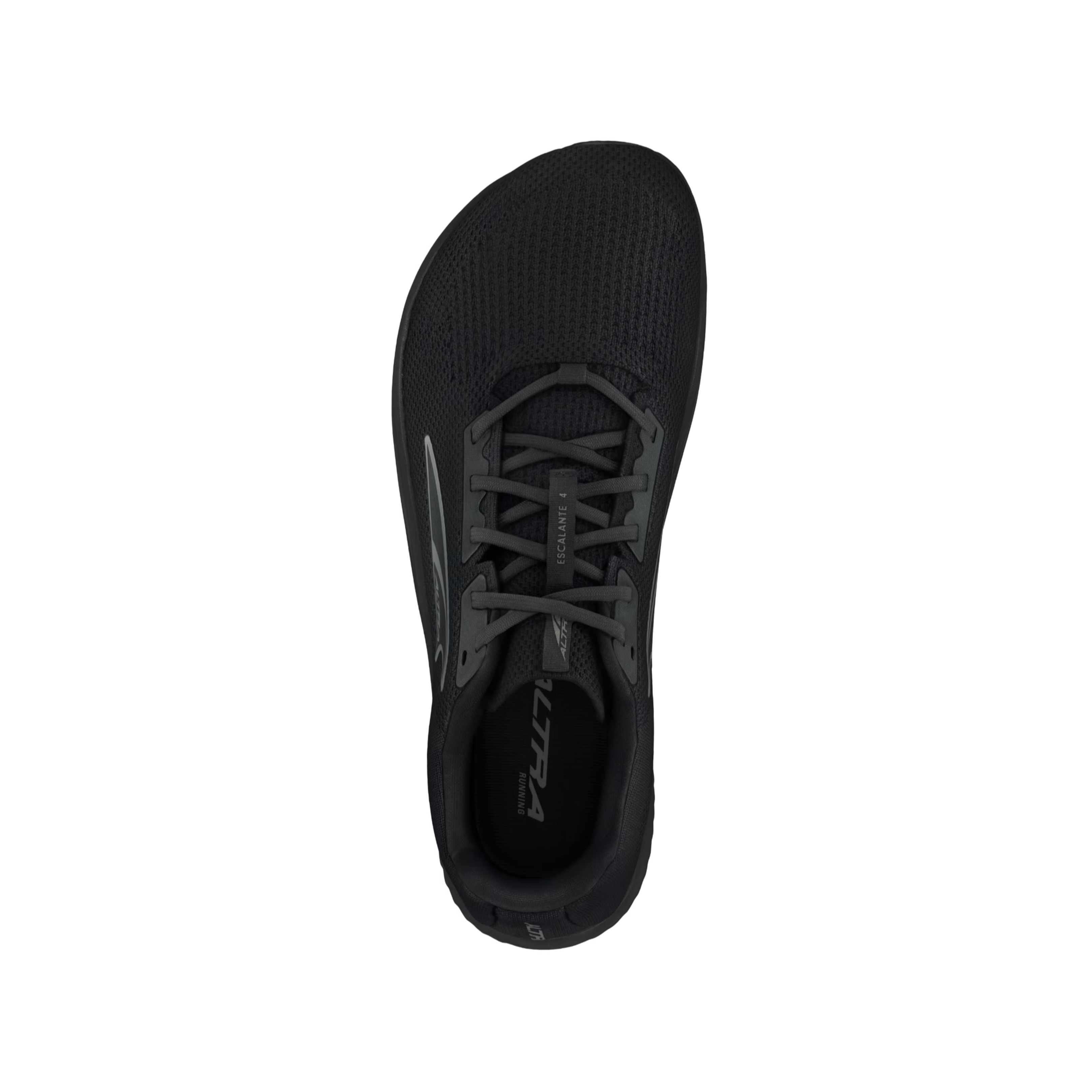 Top view of men’s Altra Escalante 4 in Black/Black – Featuring a lightweight knit upper, responsive Altra EGO™ midsole, and a sleek, streamlined design for ultimate comfort and performance.