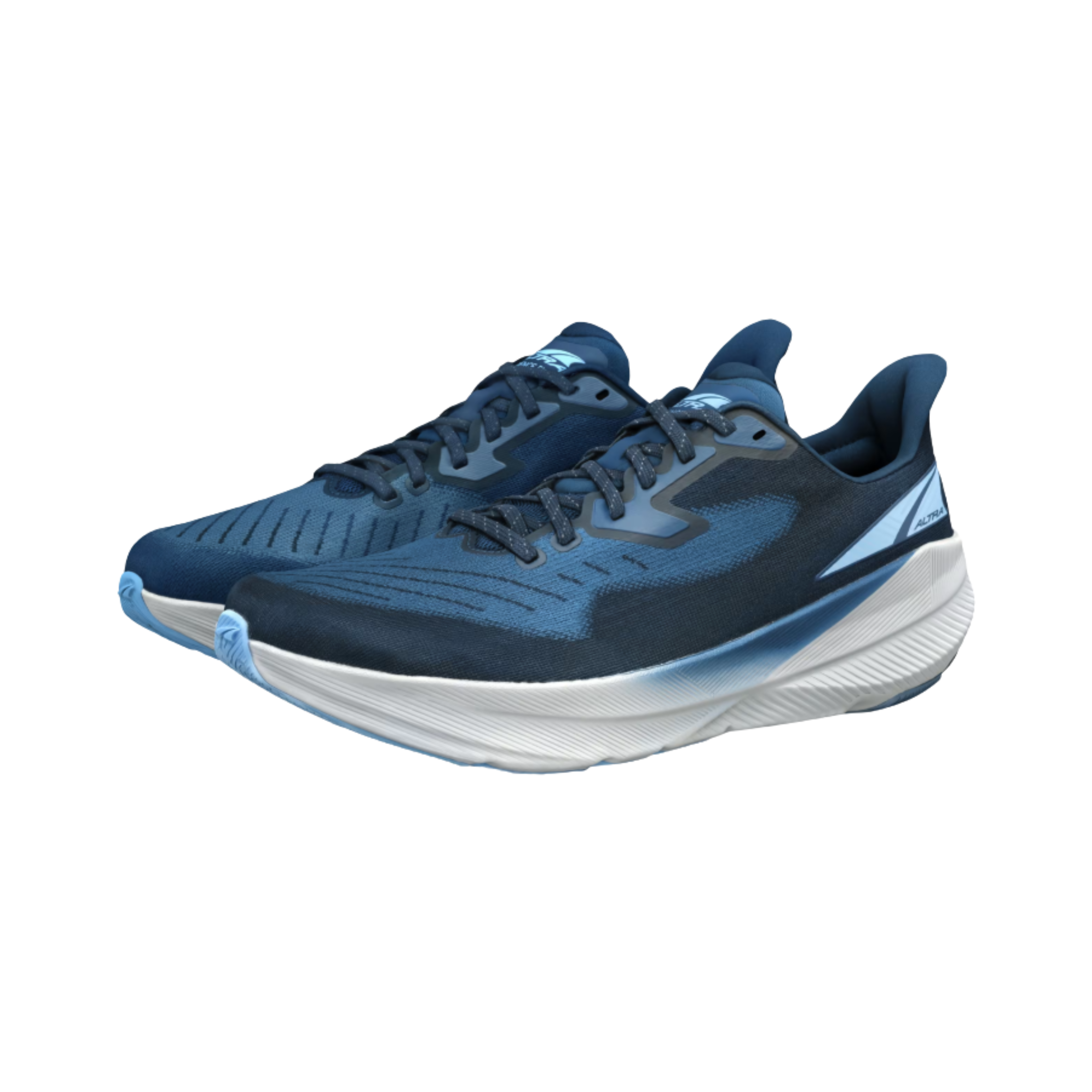 Angled view of men’s Altra Experience Flow in Blue – featuring the shoe's balanced cushioning for a responsive, comfortable ride, with a flexible outsole designed to support natural foot movement.
