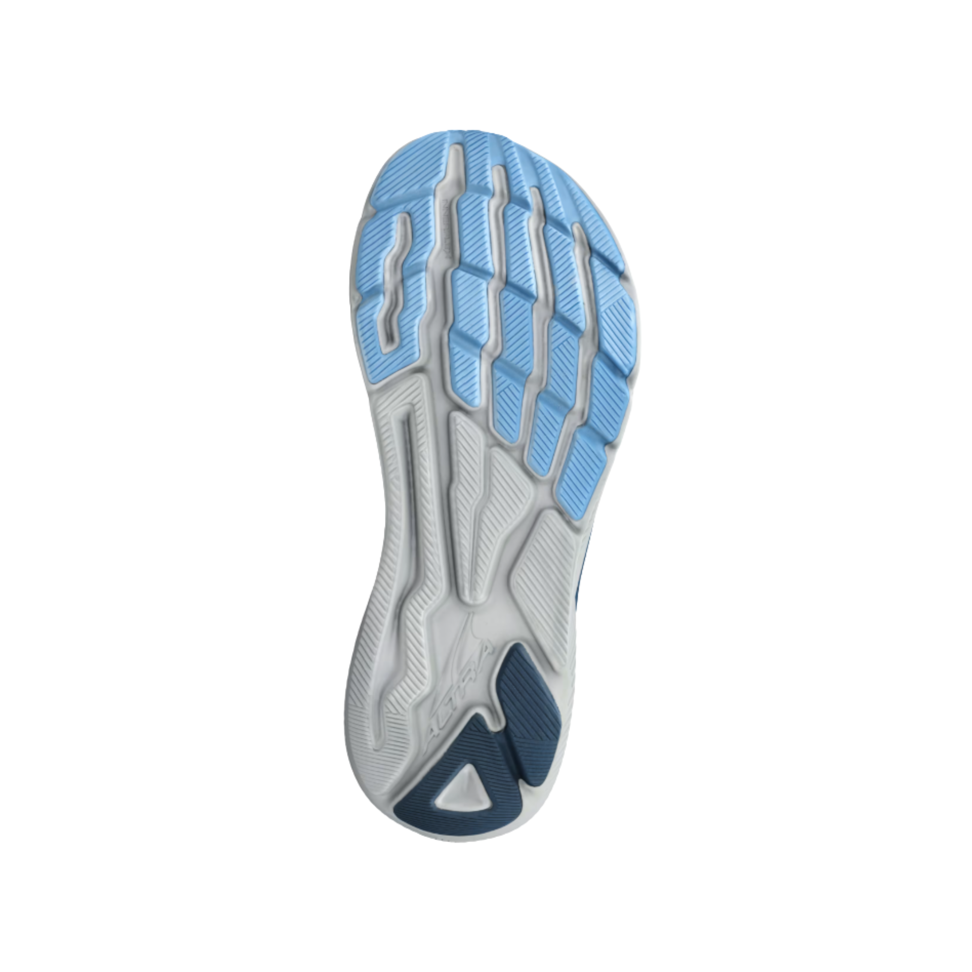 Bottom view of men’s Altra Experience Flow in Blue – showcasing the durable, grippy outsole with a unique tread pattern that enhances traction on various surfaces for stability and support.
