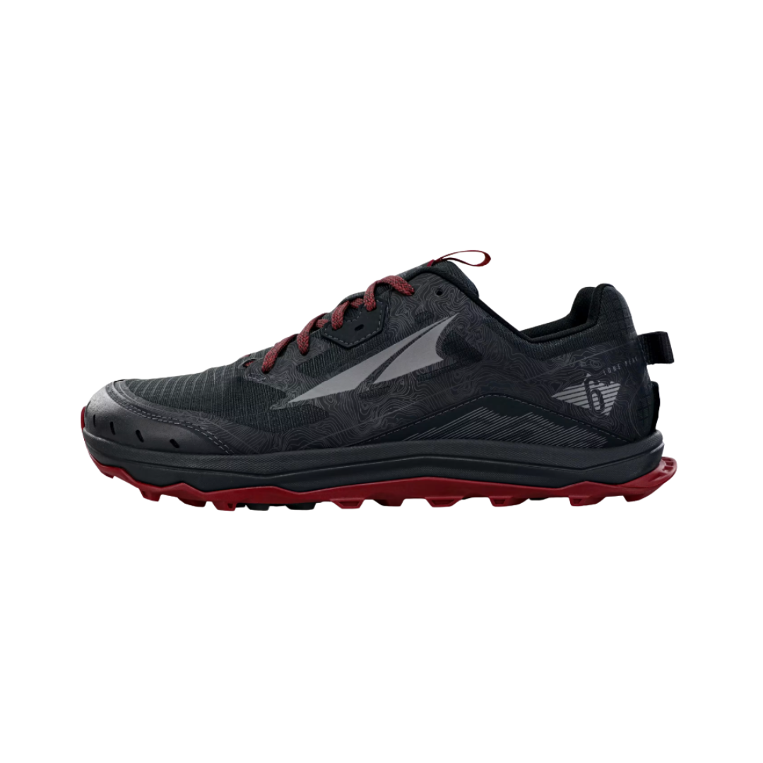 Side View of men’s Altra Lone Peak 6 in Black/Gray – Featuring a protective rock plate, a breathable mesh upper for ventilation, and a durable outsole for optimal traction on rugged terrains.