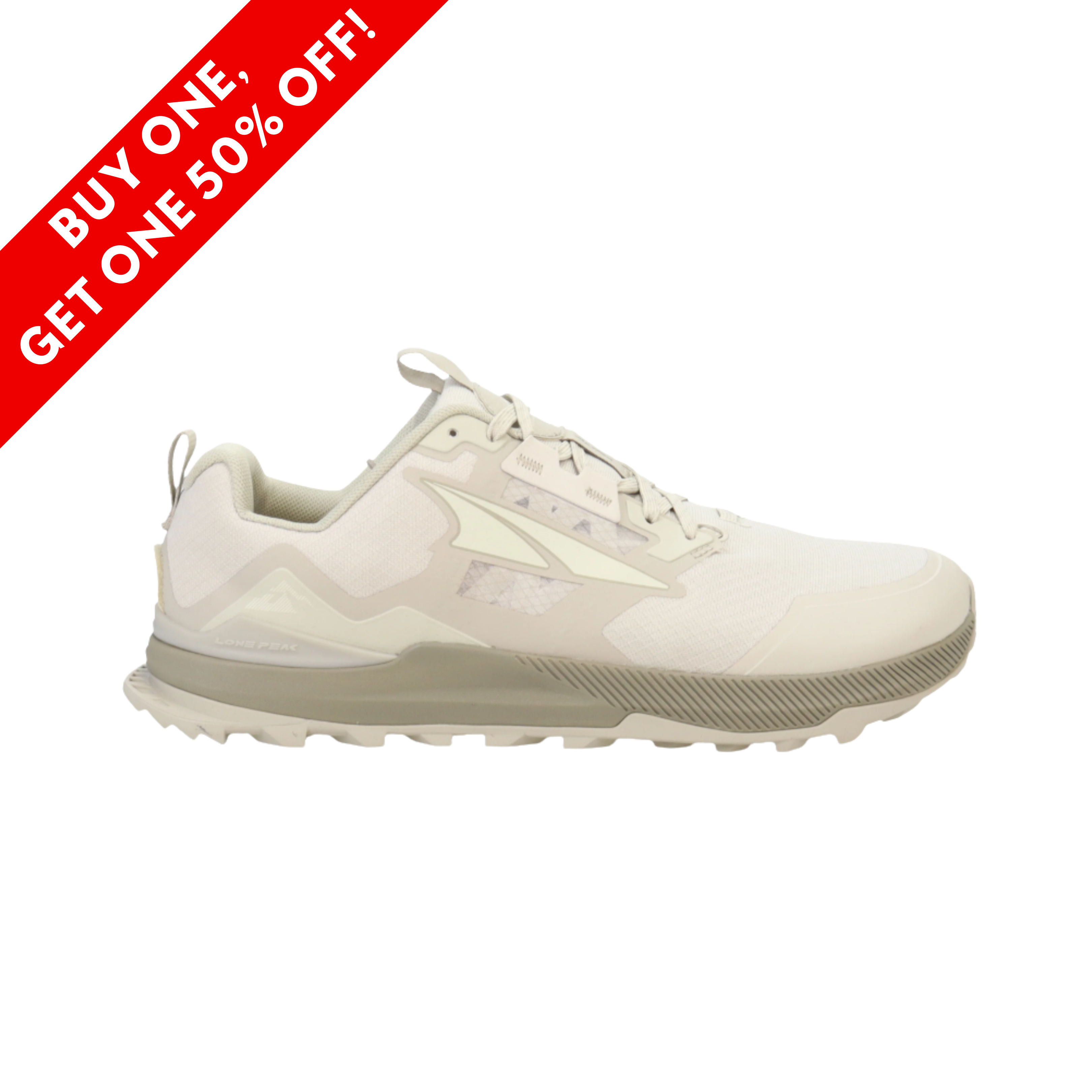 Side View of men’s Altra Lone Peak 7 Trail Shoe in Taupe – Features include balanced cushioning, natural foot positioning, and a low-profile design for enhanced agility on rugged terrain.