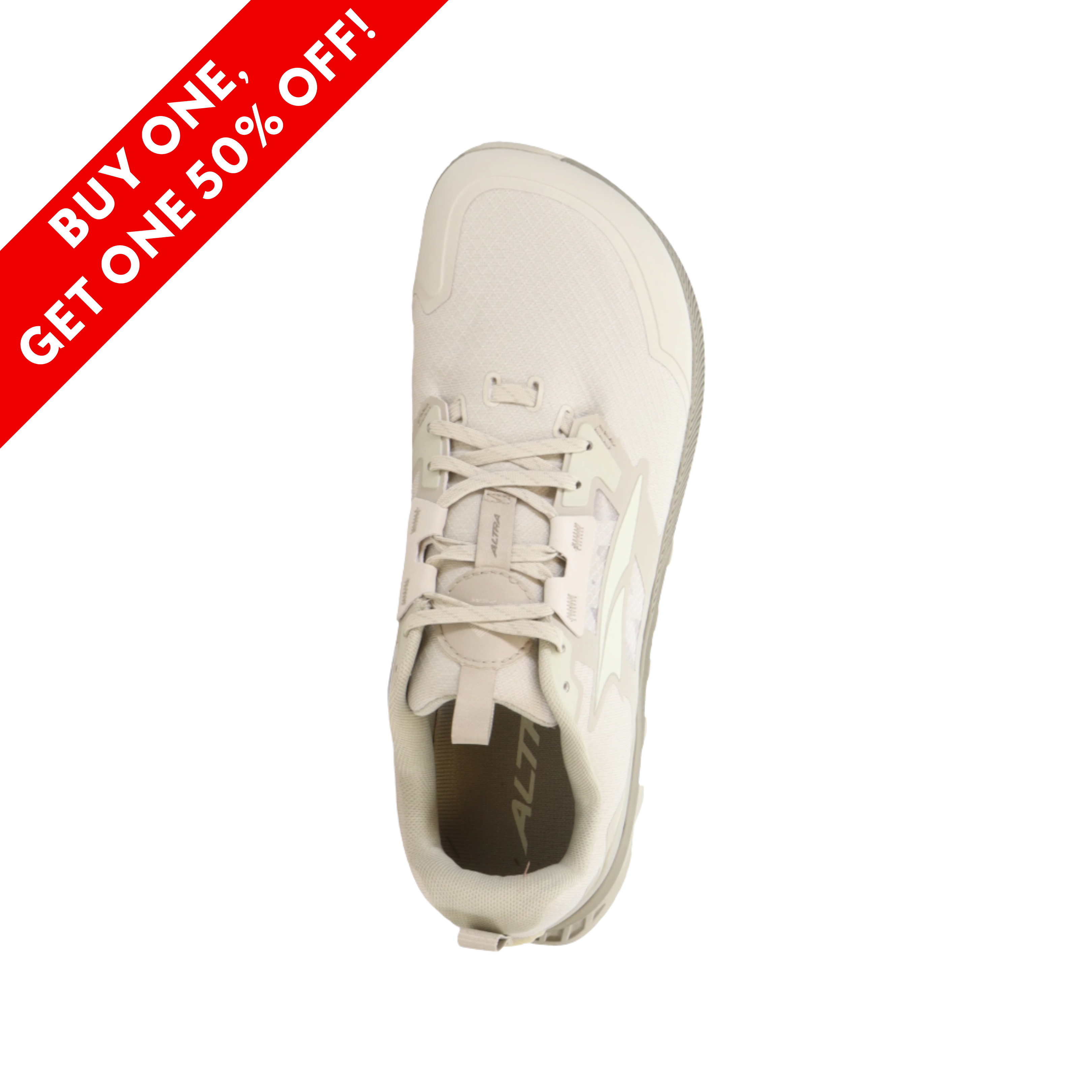 Top View of men’s Altra Lone Peak 7 Trail Shoe in Taupe – Features include a breathable mesh upper, rugged outsole for trail traction, and lightweight construction for comfort on outdoor adventures.