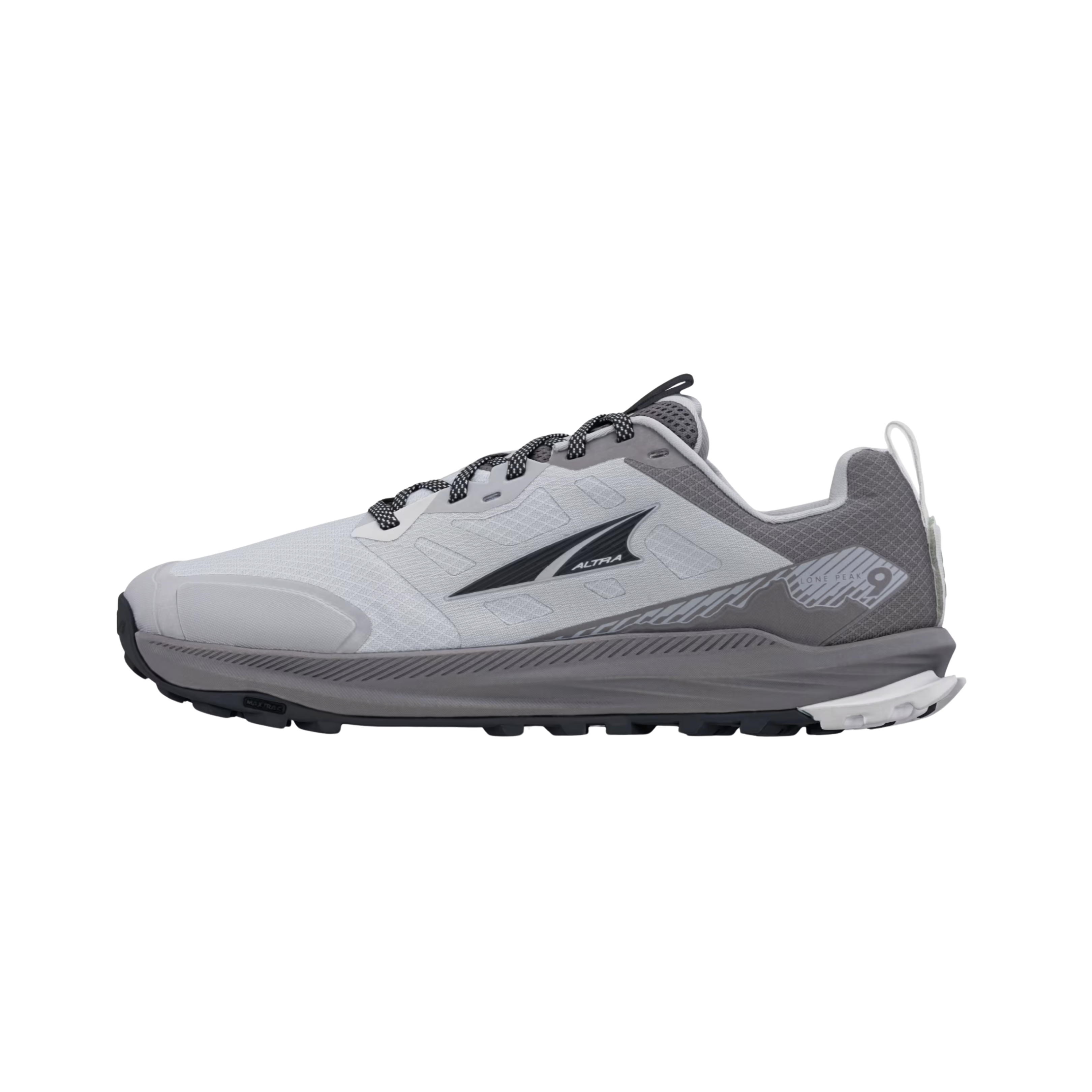 Side View of Men’s Altra Lone Peak 9 Trail Running Shoe in Gray – featuring a flexible design, cushioned midsole, and wide toe box for a natural, comfortable fit.