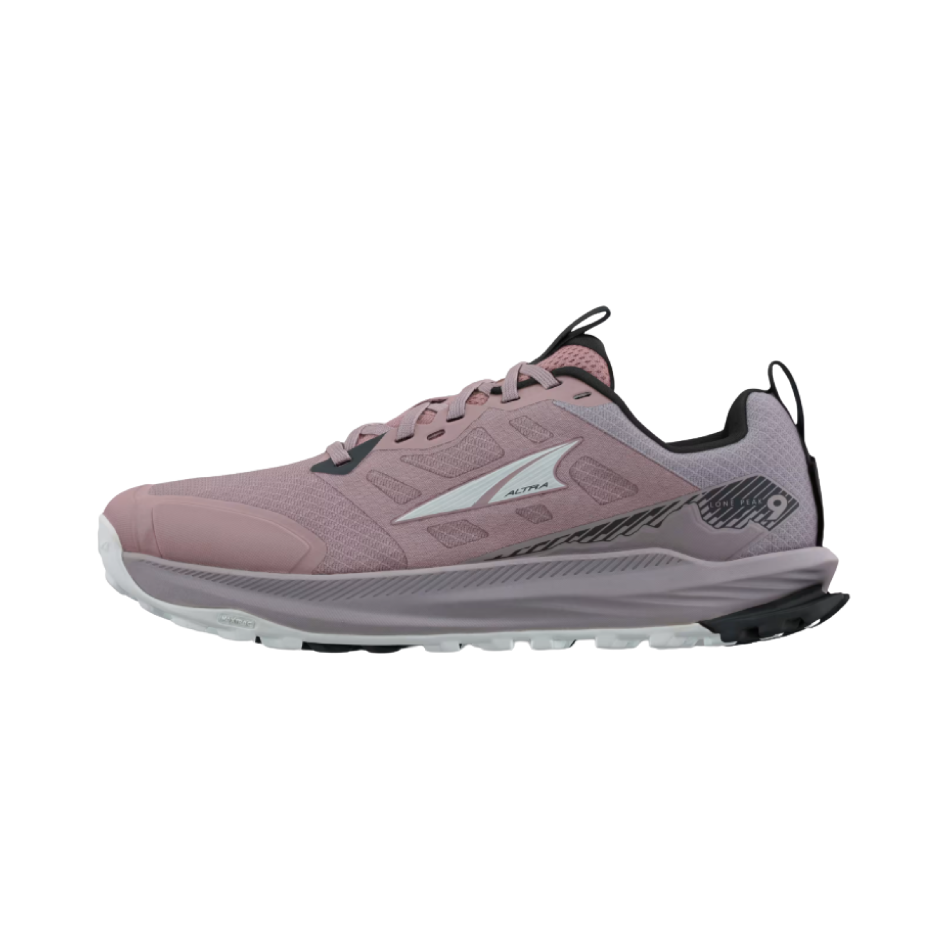 Side View of women’s Altra Lone Peak 9 in Purple – Featuring a durable trail-ready outsole, a cushioned midsole for comfort, and a protective rock plate for added stability on uneven terrain.