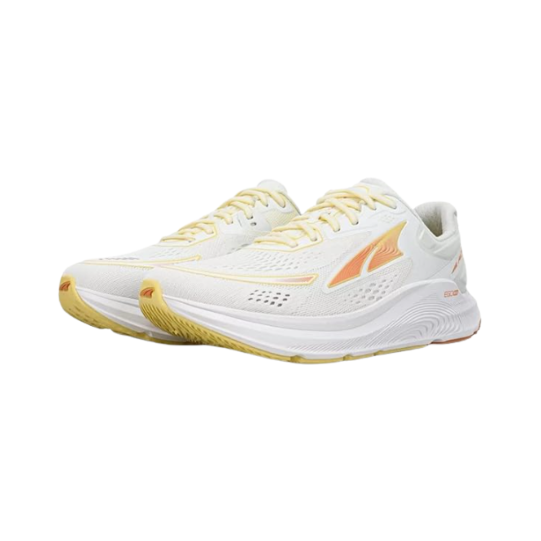 Double side view of Women’s Altra Paradigm 6 in Yellow/White with ultra-plush EGO MAX cushioning, zero-drop Balanced Cushioning platform, and stability features for a smooth, supported ride; breathable mesh upper and roomy FootShape toe box ideal for runners and walkers.