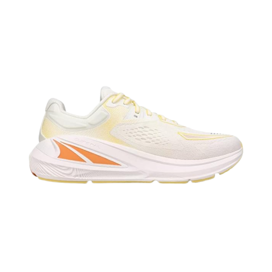 Side view of Women’s Altra Paradigm 6 in Yellow/White with ultra-plush EGO MAX cushioning, zero-drop Balanced Cushioning platform, and stability features for a smooth, supported ride; breathable mesh upper and roomy FootShape toe box ideal for runners and walkers.
