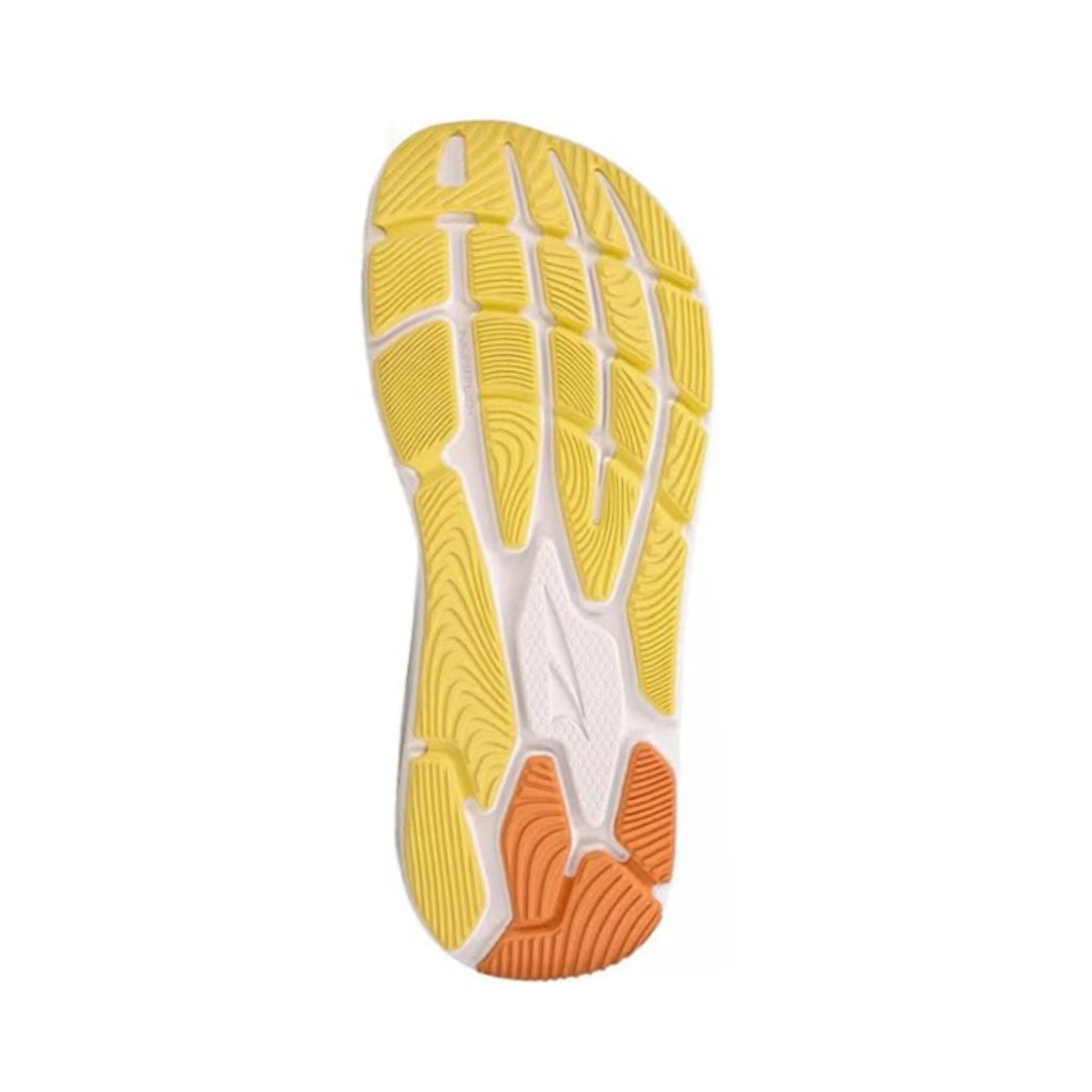 Bottom view of Women’s Altra Paradigm 6 in Yellow/White with ultra-plush EGO MAX cushioning, zero-drop Balanced Cushioning platform, and stability features for a smooth, supported ride; breathable mesh upper and roomy FootShape toe box ideal for runners and walkers.