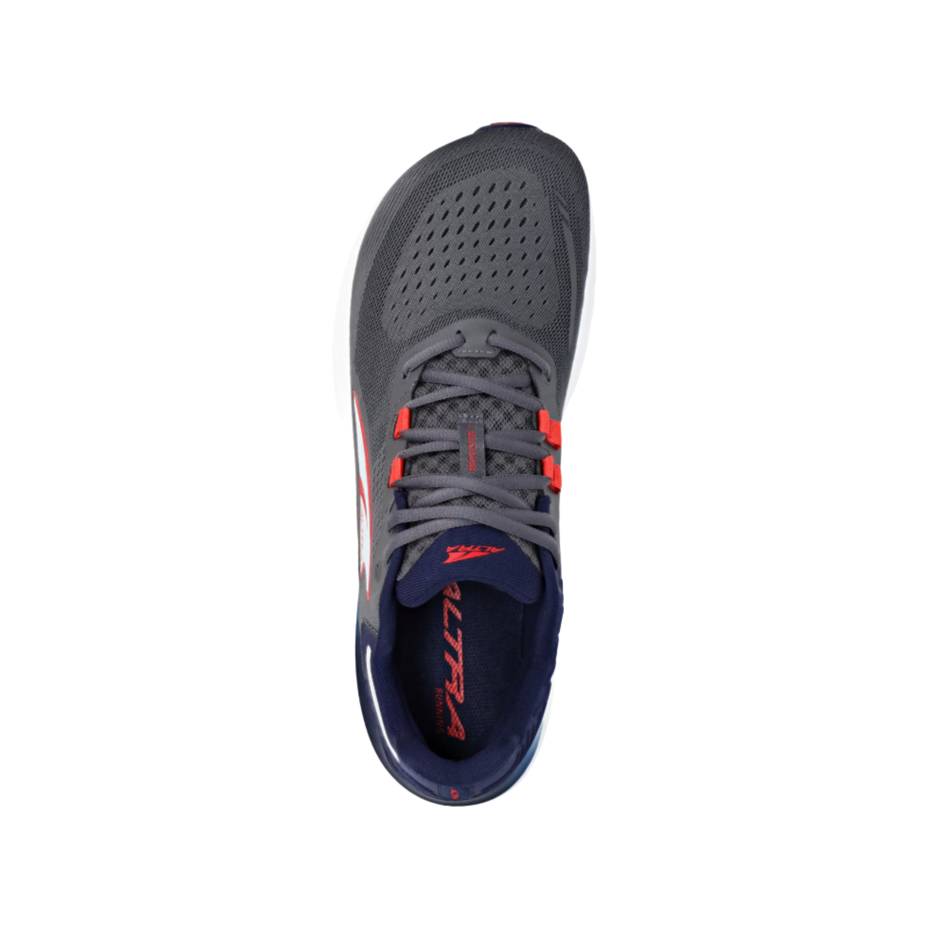 Top View of men’s Altra Provision 7 Running Shoe in Dark Grey – Featuring a wide toe box for added comfort, a breathable mesh upper for ventilation, and a snug, supportive fit to keep your feet secure during runs.