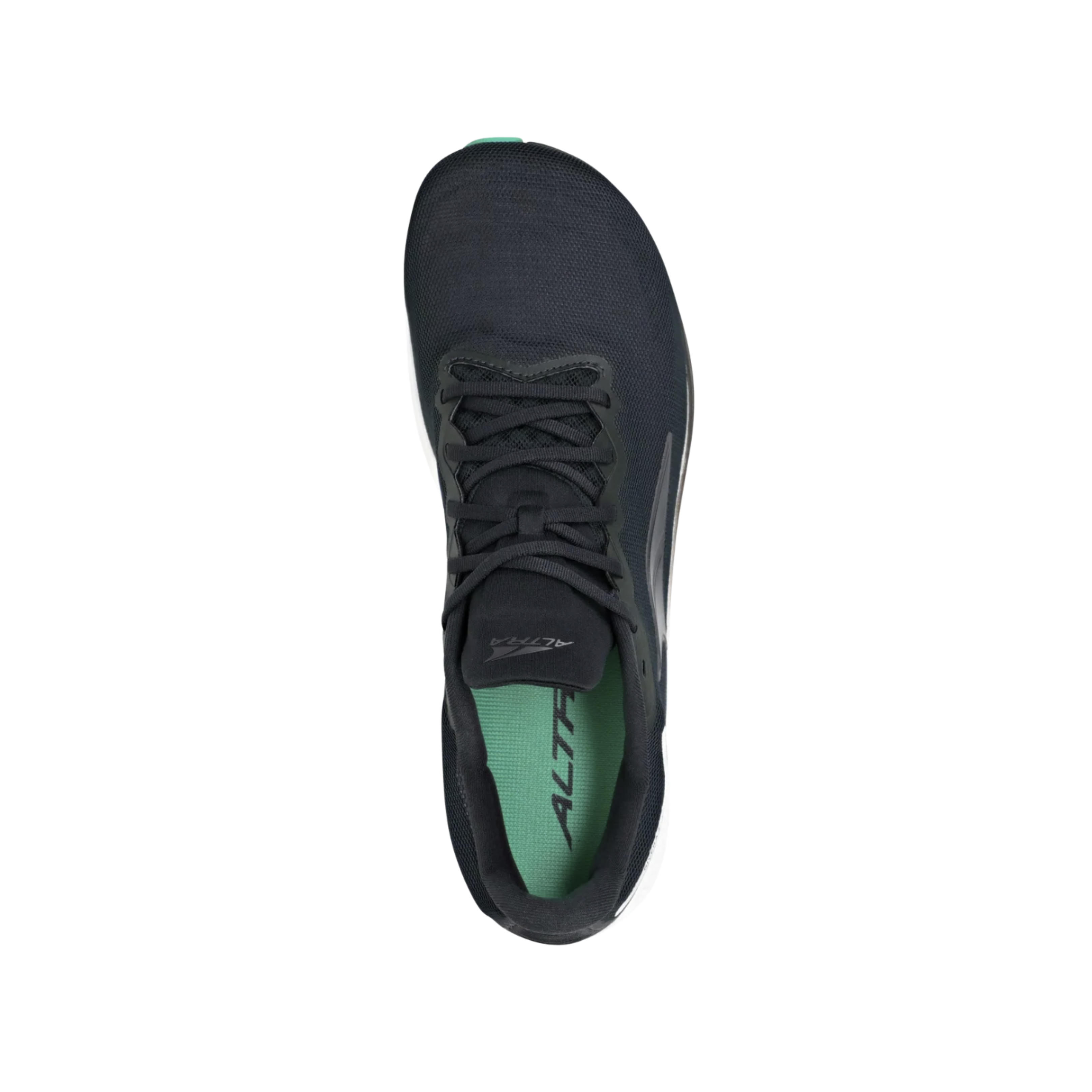 Top View of Men’s Altra Rivera 3 Running Shoe in Black – featuring a sleek, breathable upper, cushioned midsole for comfort, and foot-shaped design for natural movement.