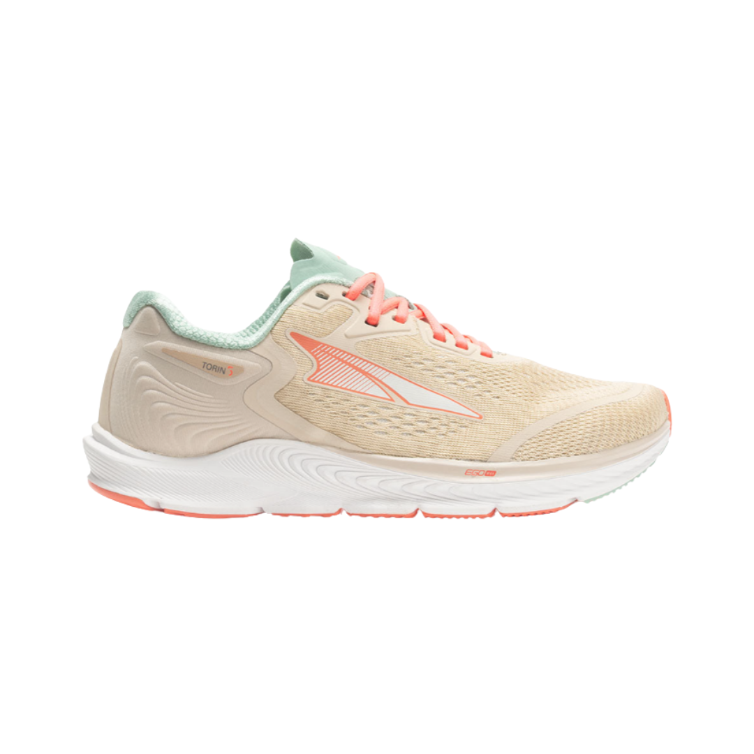 Side view of women’s Altra Torin 5 in Sand – featuring a responsive midsole with Altra’s signature zero-drop platform and ample cushioning for a smooth and natural running experience.