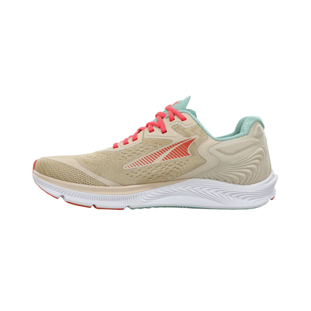 Side view of women’s Altra Torin 5 in Sand – featuring a responsive midsole with Altra’s signature zero-drop platform and ample cushioning for a smooth and natural running experience.