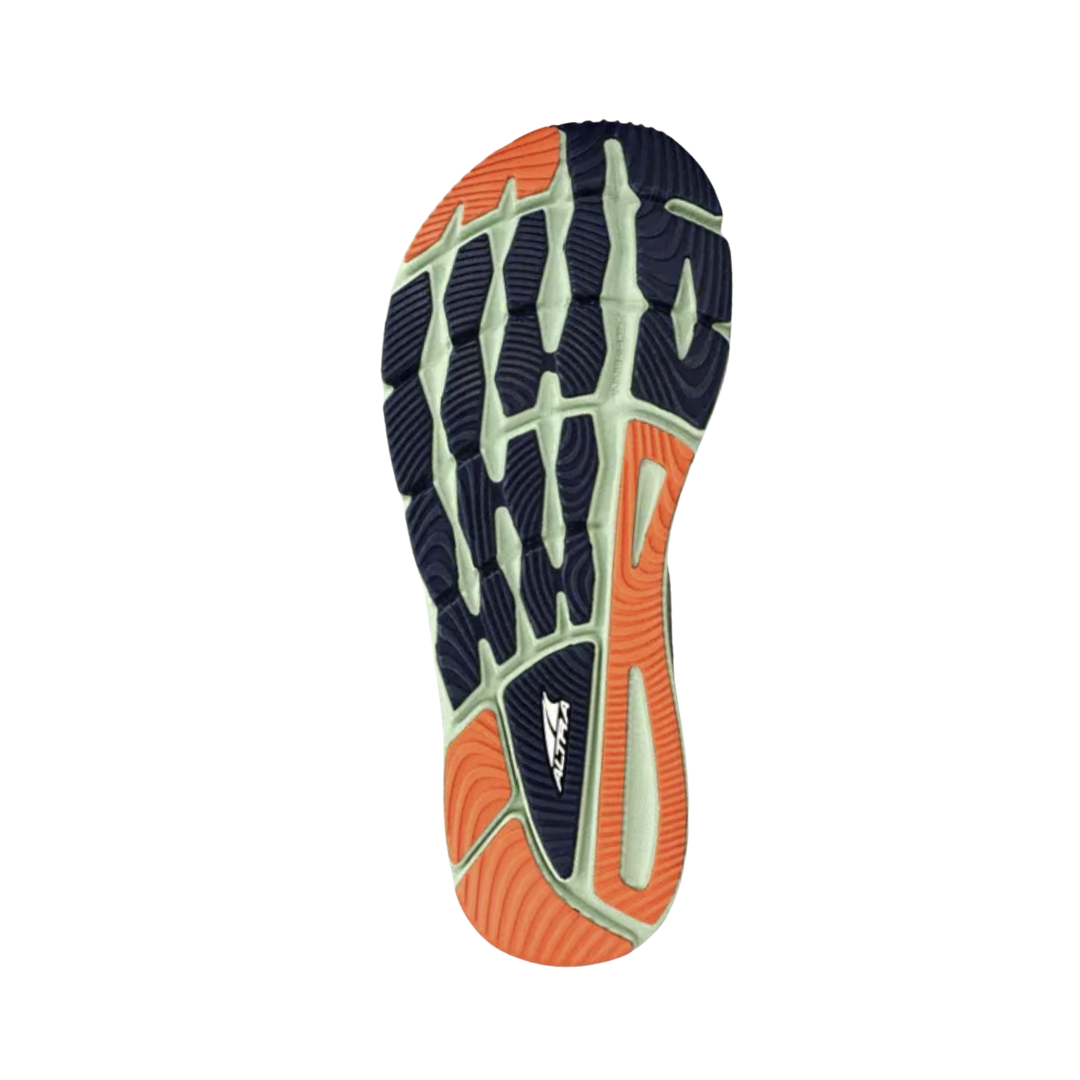 Bottom View of Men’s Altra Torin 6 Running Shoe in Grey/Green – featuring a durable rubber outsole with strategic traction, providing stability and support for various terrains.