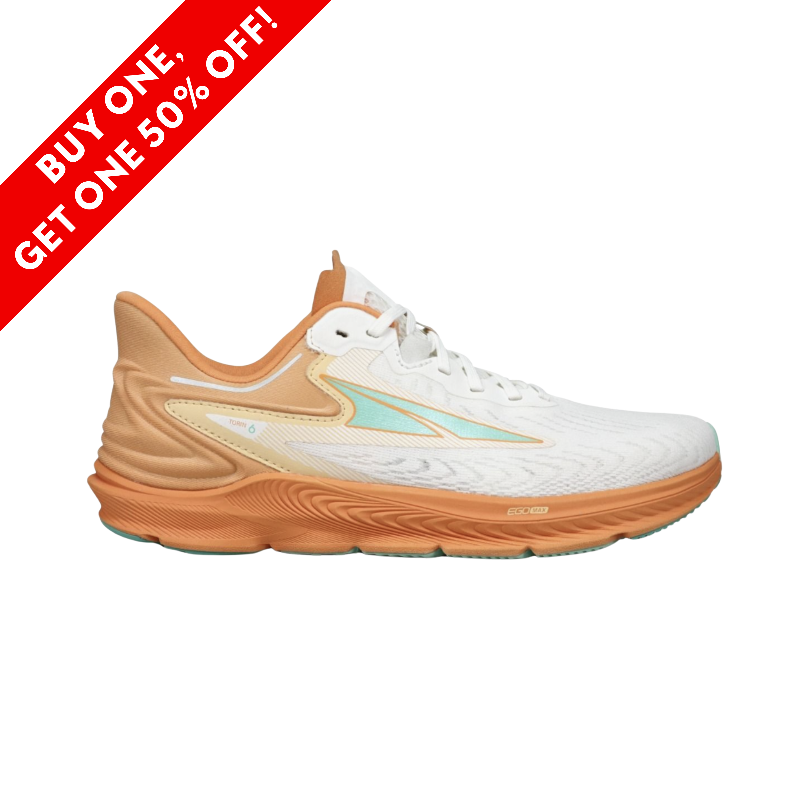 Side view of women’s Altra Torin 6 in White/Orange – Featuring a lightweight mesh upper for breathability, a cushioned midsole for support, and a wide toe box for enhanced comfort.