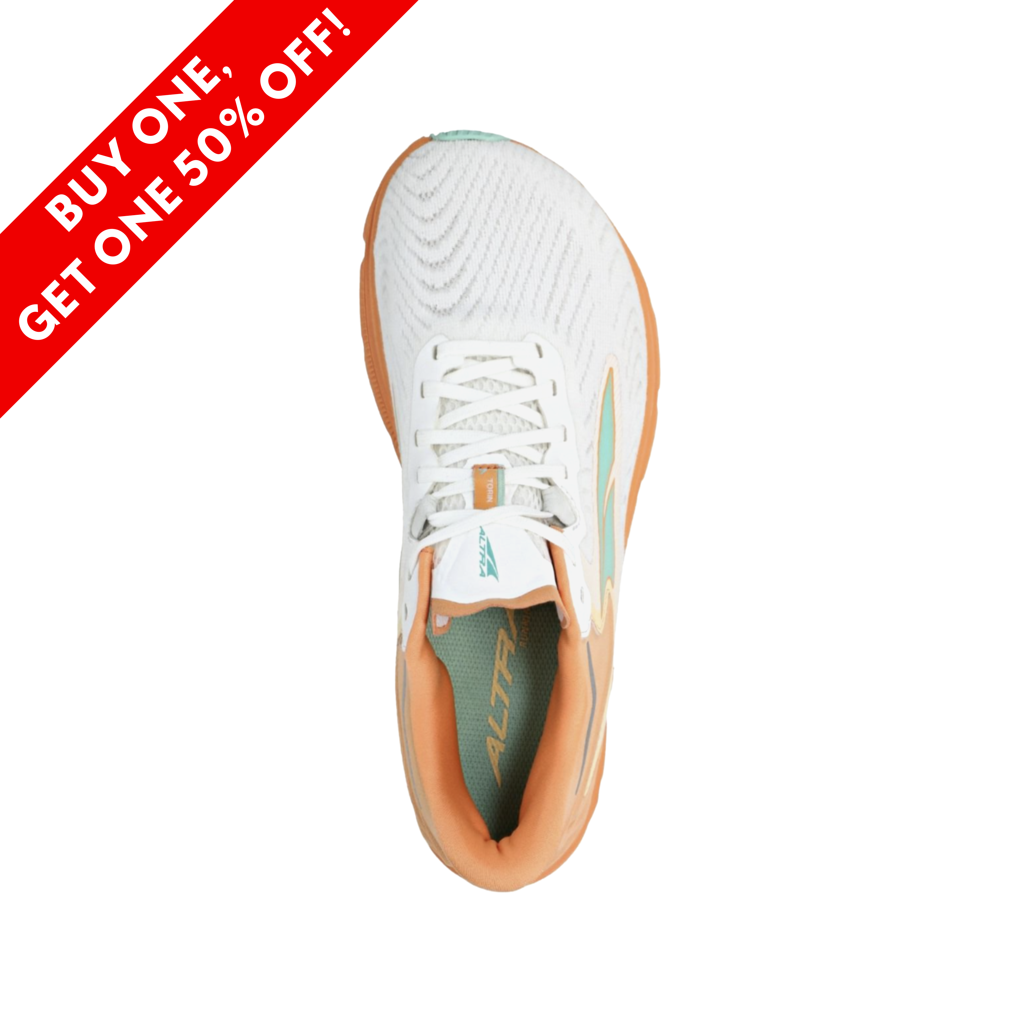 Top view of women’s Altra Torin 6 in White/Orange – Featuring a breathable mesh upper, a responsive cushioning system, and a sleek design for both style and performance.