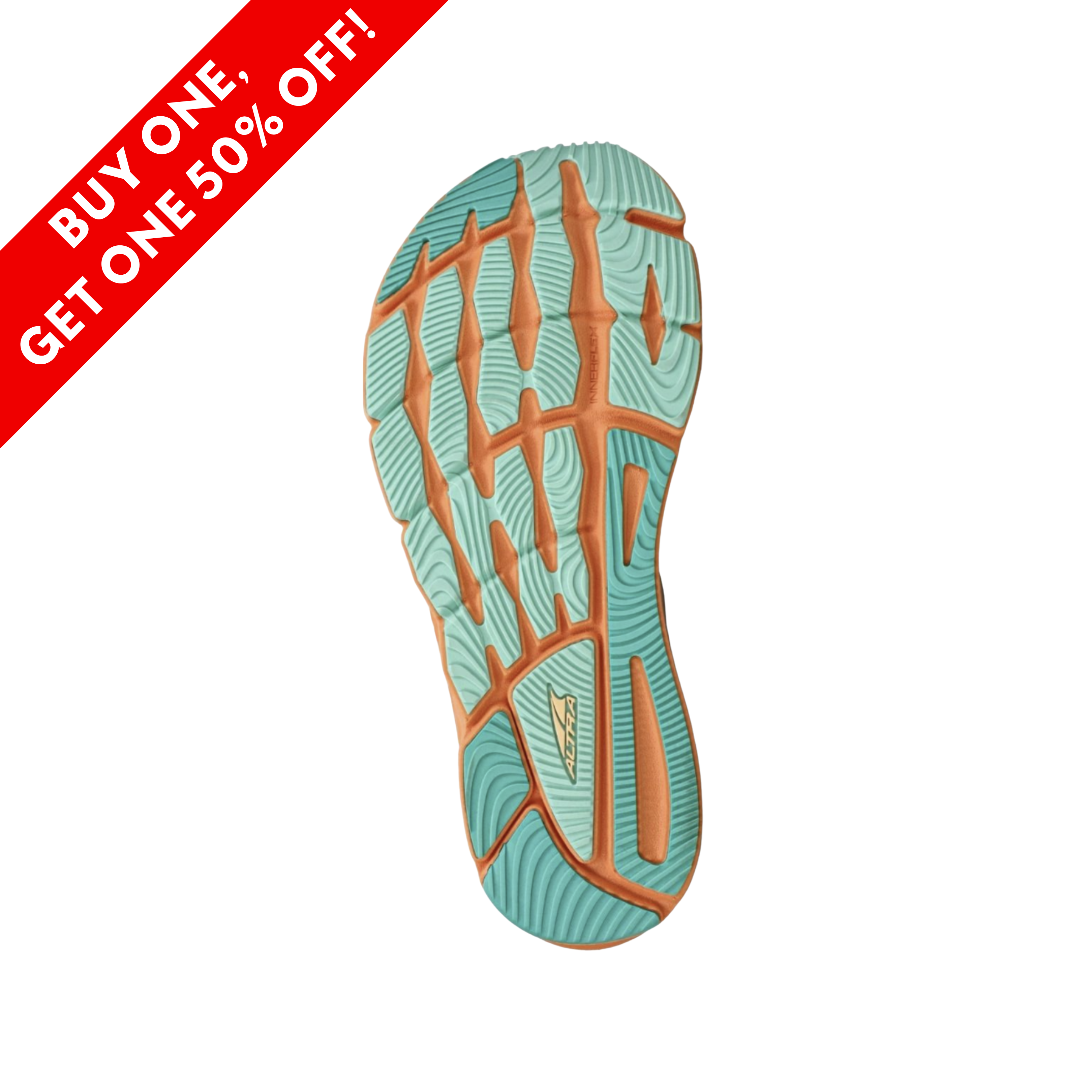 Bottom view of women’s Altra Torin 6 in White/Orange – Featuring a responsive cushioning system for comfort, a durable rubber outsole for traction, and a smooth, flexible design for natural foot movement.