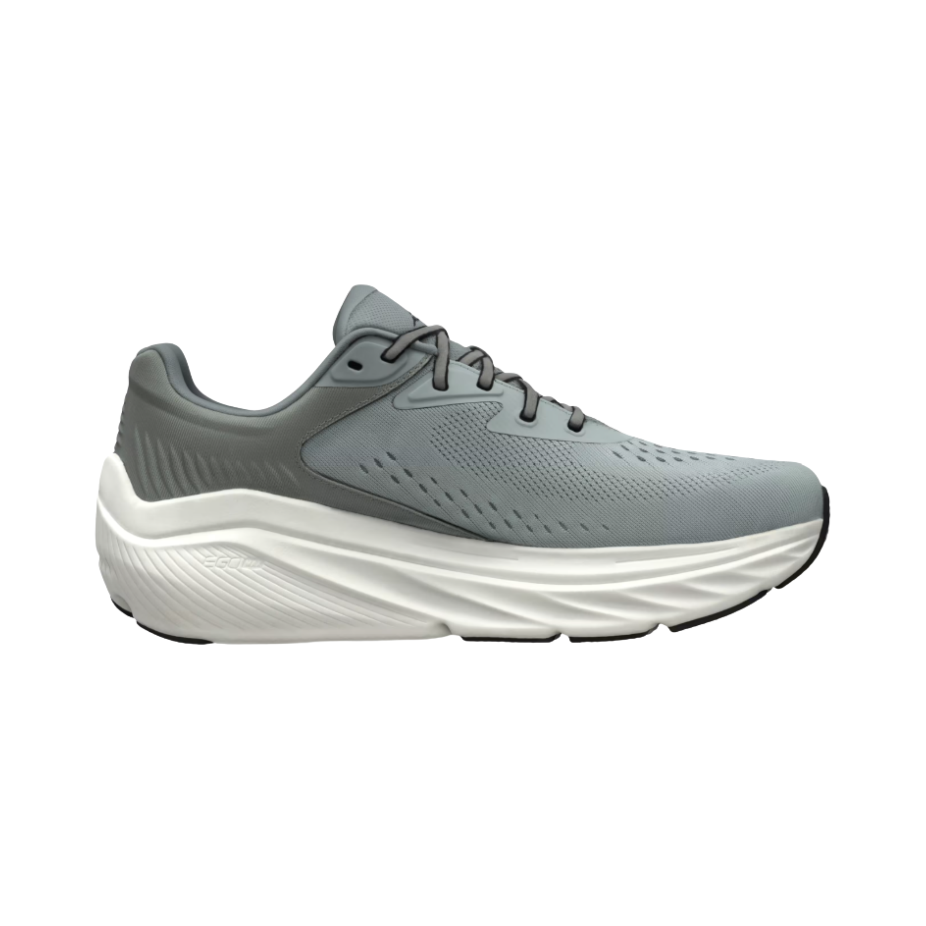Side View of men’s Altra Via Olympus 2 Trail Shoe in Gray – Features include maximum cushioning for shock absorption, natural foot positioning, and a lightweight design that enhances comfort during long-distance runs.