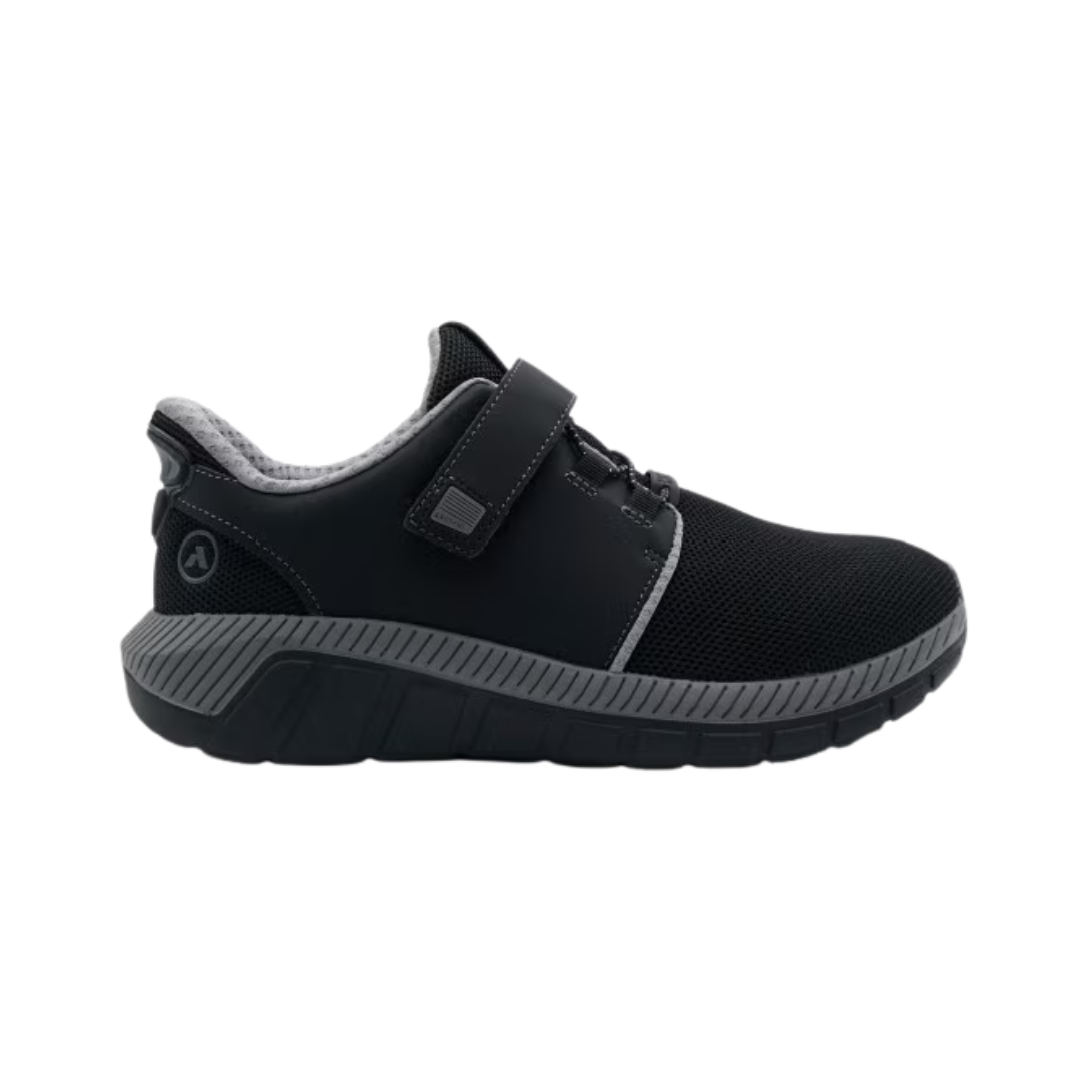 Side View of Men’s Anodyne 84 Sport Double Depth Stretch in black – featuring a flexible and accommodating silhouette, extra-depth midsole for orthotic support, and minimal stitching for reduced friction.