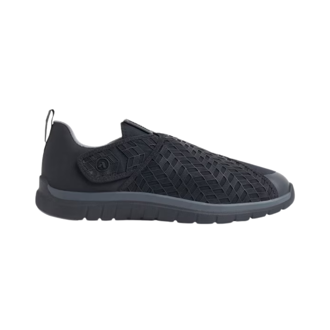Side View of Men’s Anodyne 84 Sport Double Depth Stretch in black – featuring a flexible and accommodating silhouette, extra-depth midsole for orthotic support, and minimal stitching for reduced friction.