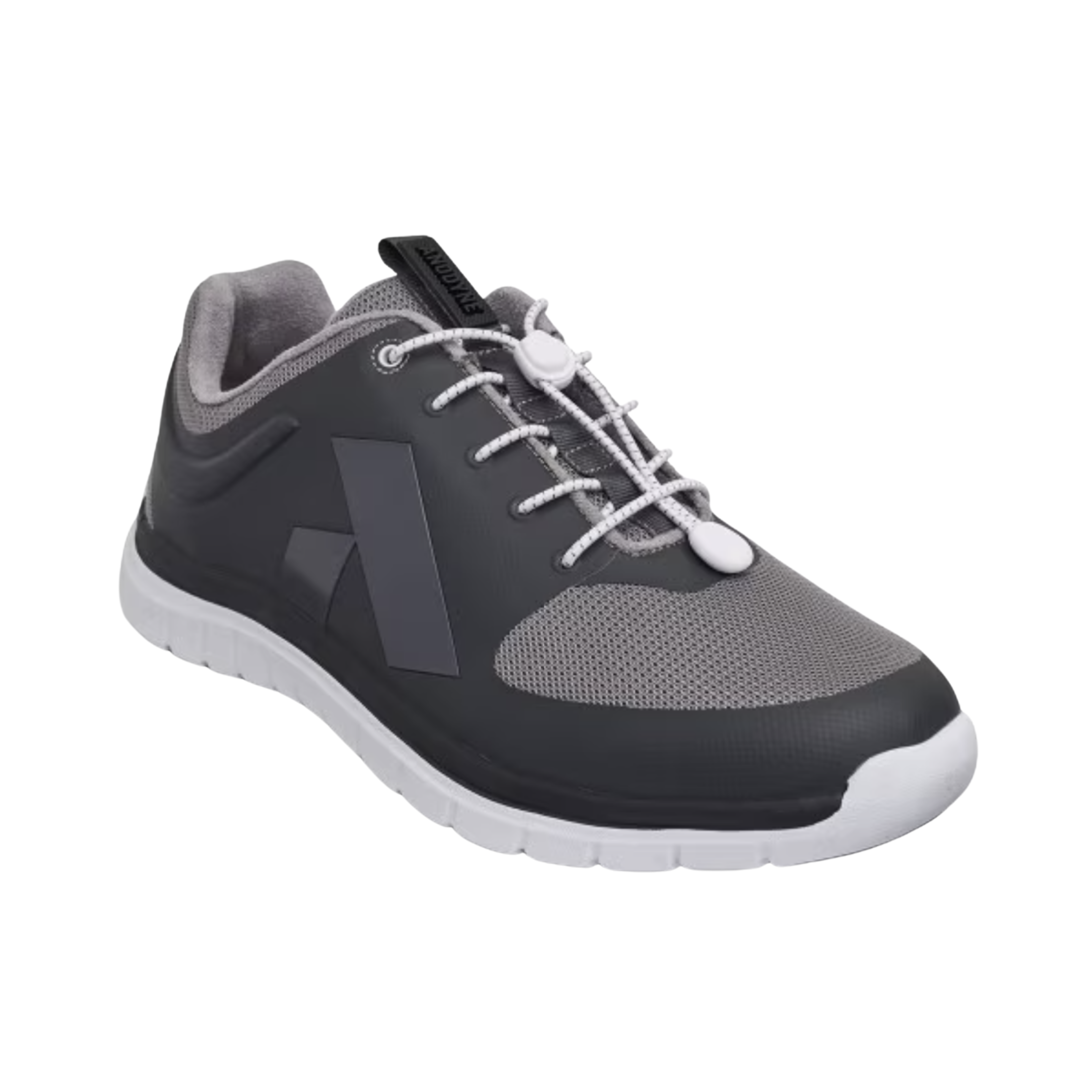 Side View of Men’s Anodyne Sport Runner Shoe in Grey/Black – Features include lightweight midsole cushioning, supportive heel structure, and sleek athletic styling for everyday activity.