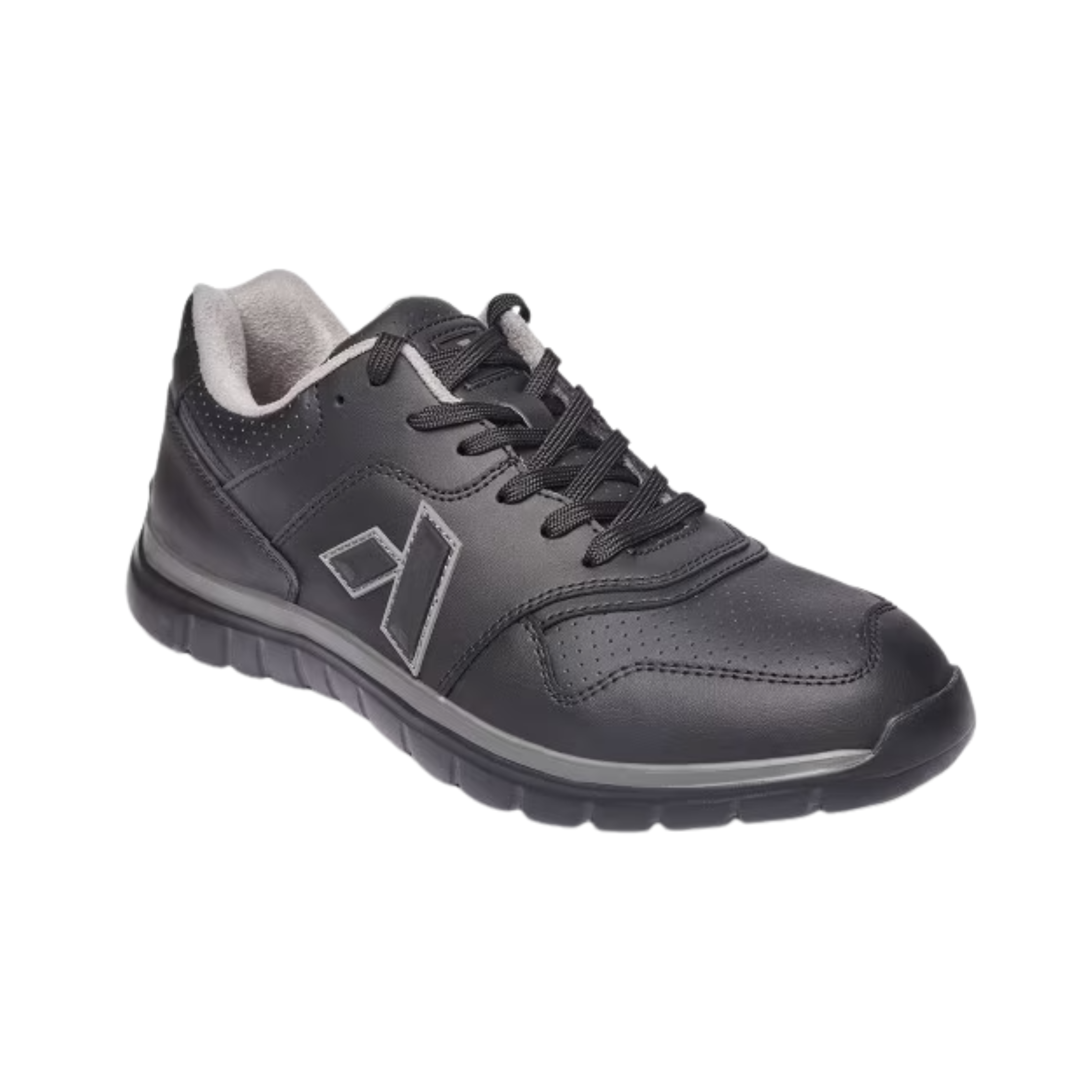 Angled View of Men’s Anodyne 50 Sport Trainer in black – featuring a performance-focused silhouette, breathable mesh and synthetic construction, and contoured insole for arch support.