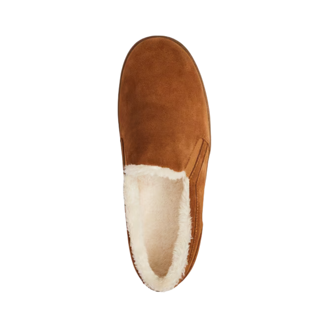 Top View of Men’s Anodyne 18 Slipper Smooth Toe in camel – featuring a soft suede upper for a premium feel, wide toe box for enhanced comfort, and plush interior lining for warmth.