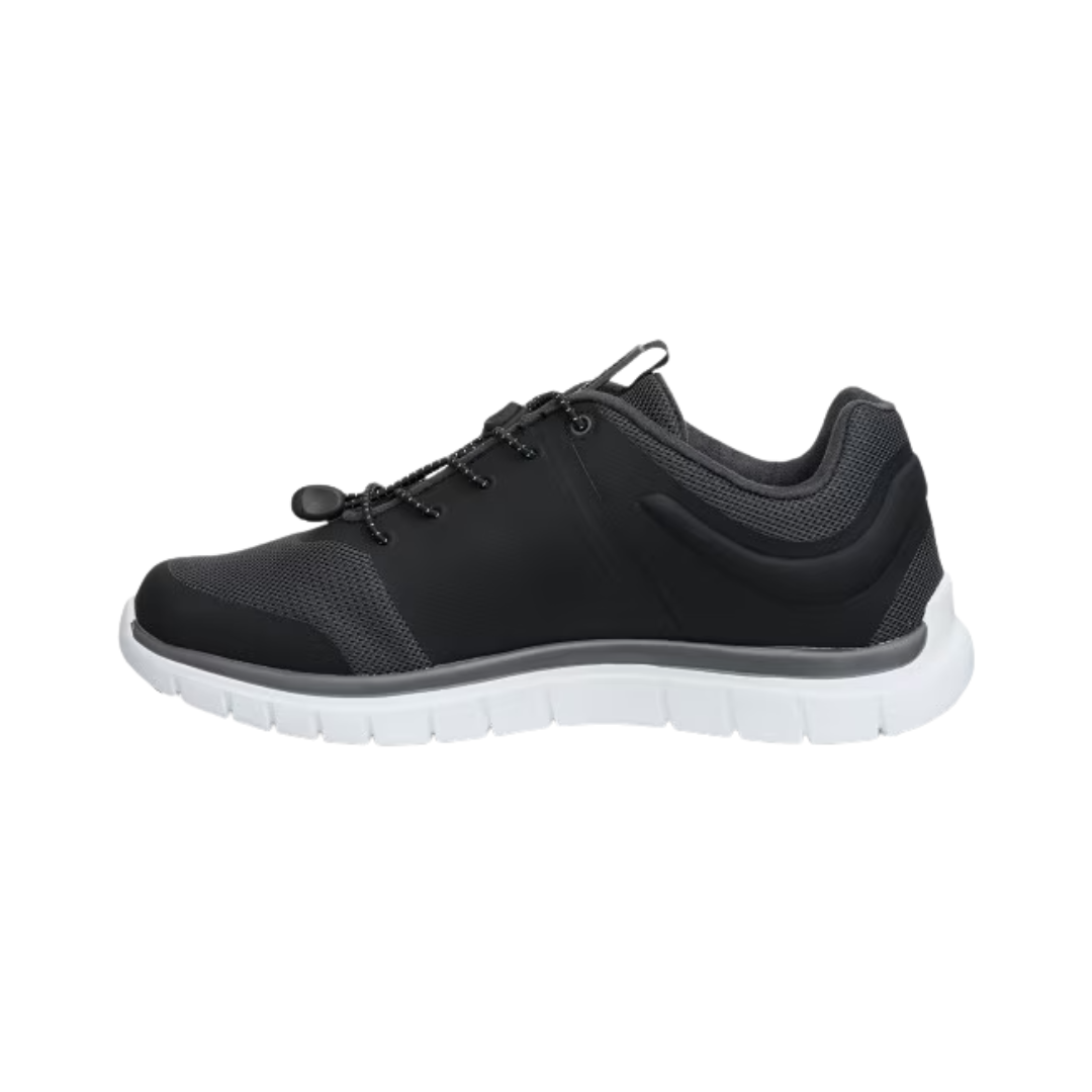 Side  View of Women’s Anodyne 23 Sport Runner in black/grey – featuring a breathable mesh upper for airflow, padded tongue and collar for added comfort, and roomy toe box for natural foot movement.
