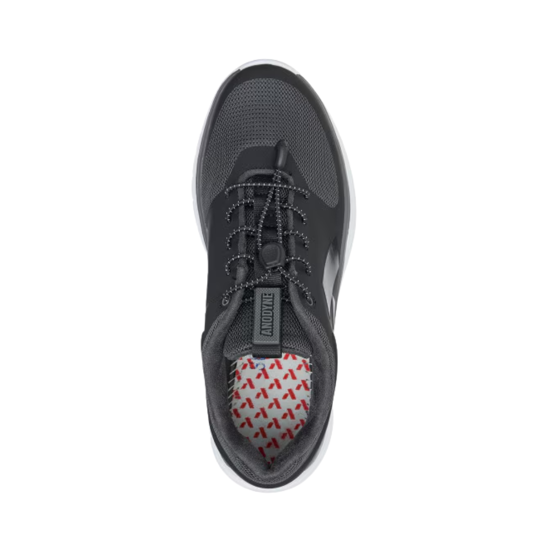 Top View of Women’s Anodyne 23 Sport Runner in black/grey – featuring a breathable mesh upper for airflow, padded tongue and collar for added comfort, and roomy toe box for natural foot movement.