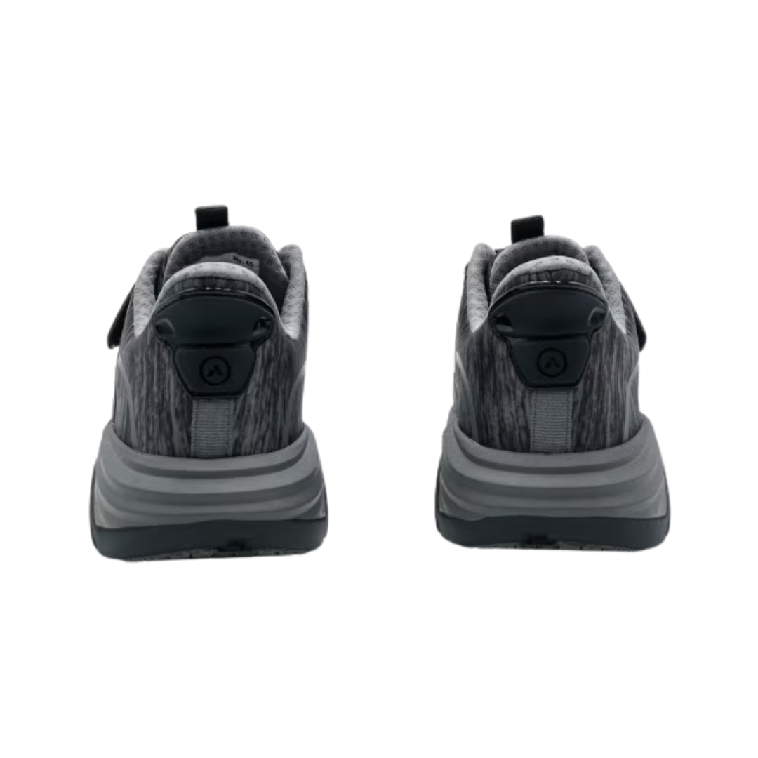 Back View of Women’s Anodyne 45 Sport Jogger in black/grey – featuring a padded heel collar for ankle support, structured heel counter for added stability, and pull tab for easy entry.