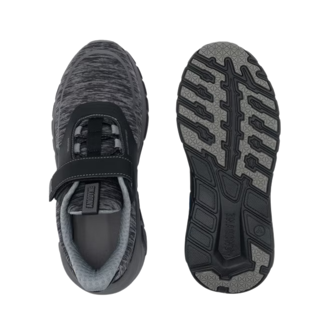 Top and Bottom View of Women’s Anodyne 45 Sport Jogger in black/grey – featuring a breathable mesh upper for ventilation, padded tongue and collar for comfort, and wide toe box for a natural fit.