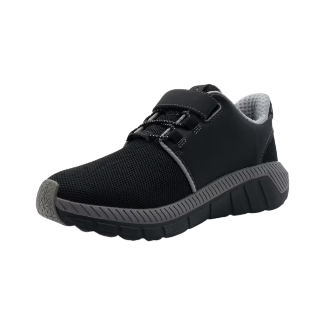 Angled View of Men’s Anodyne 84 Sport Double Depth Stretch in black – featuring a medical-grade stretch upper for customized fit, orthopedic-friendly double-depth construction, and soft interior for diabetic comfort.