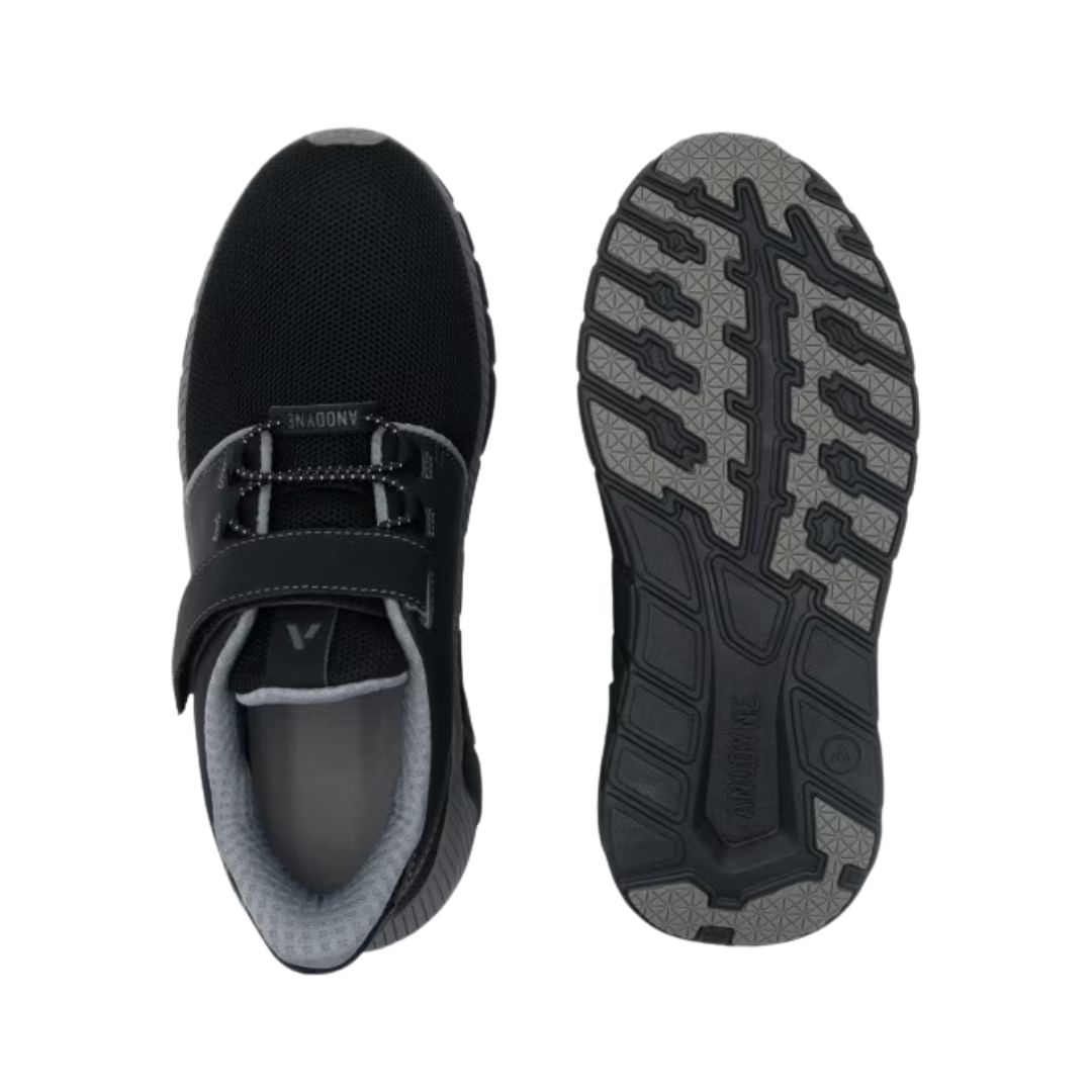Top and Bottom View of Men’s Anodyne 84 Sport Double Depth Stretch in black – featuring a stretchable upper for flexible fit, double-depth design for extra room, and seamless interior to reduce pressure points.
