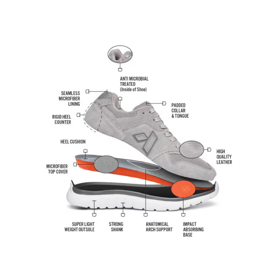 Side View of Men’s Anodyne 50 Sport Trainer in grey – featuring a sleek athletic design, contrast detailing for visual appeal, and shock-absorbing midsole for long-lasting cushioning.