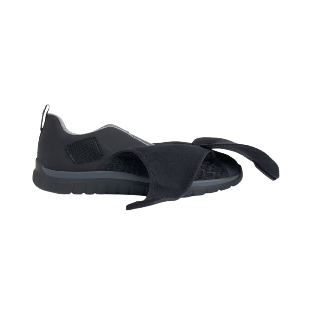 Side View of Men’s Anodyne 84 Sport Double Depth Stretch in black – featuring a flexible and accommodating silhouette, extra-depth midsole for orthotic support, and minimal stitching for reduced friction.
