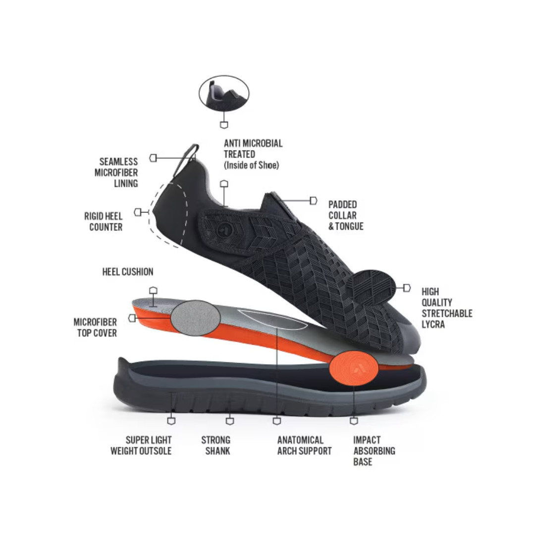 Side View of Men’s Anodyne 84 Sport Double Depth Stretch in black – featuring a flexible and accommodating silhouette, extra-depth midsole for orthotic support, and minimal stitching for reduced friction.