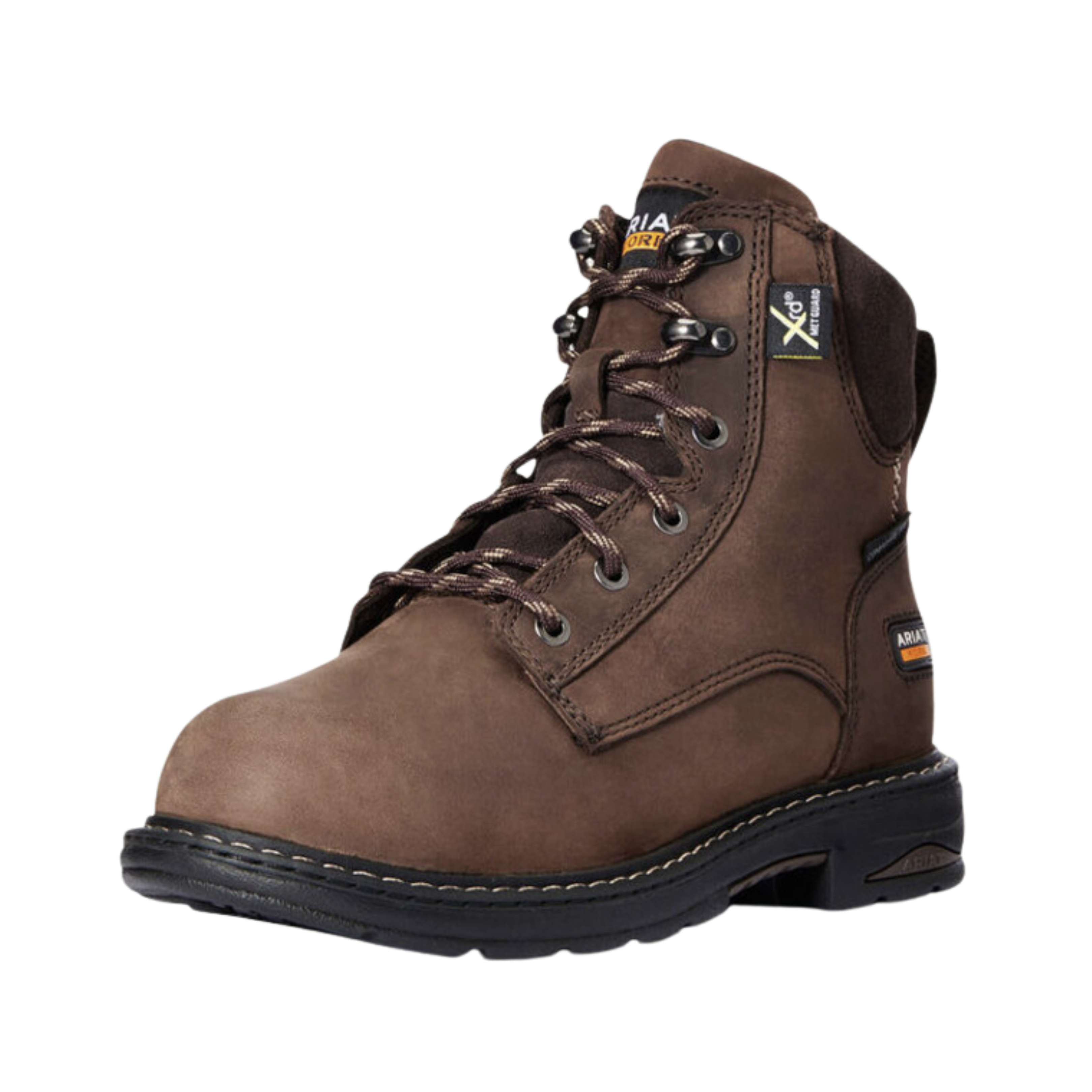 Side view of Women’s Ariat Casey 6-inch metguard composite toe work boot in brown – featuring composite safety toe, metguard protection, durable waterproof upper, and padded ankle collar.