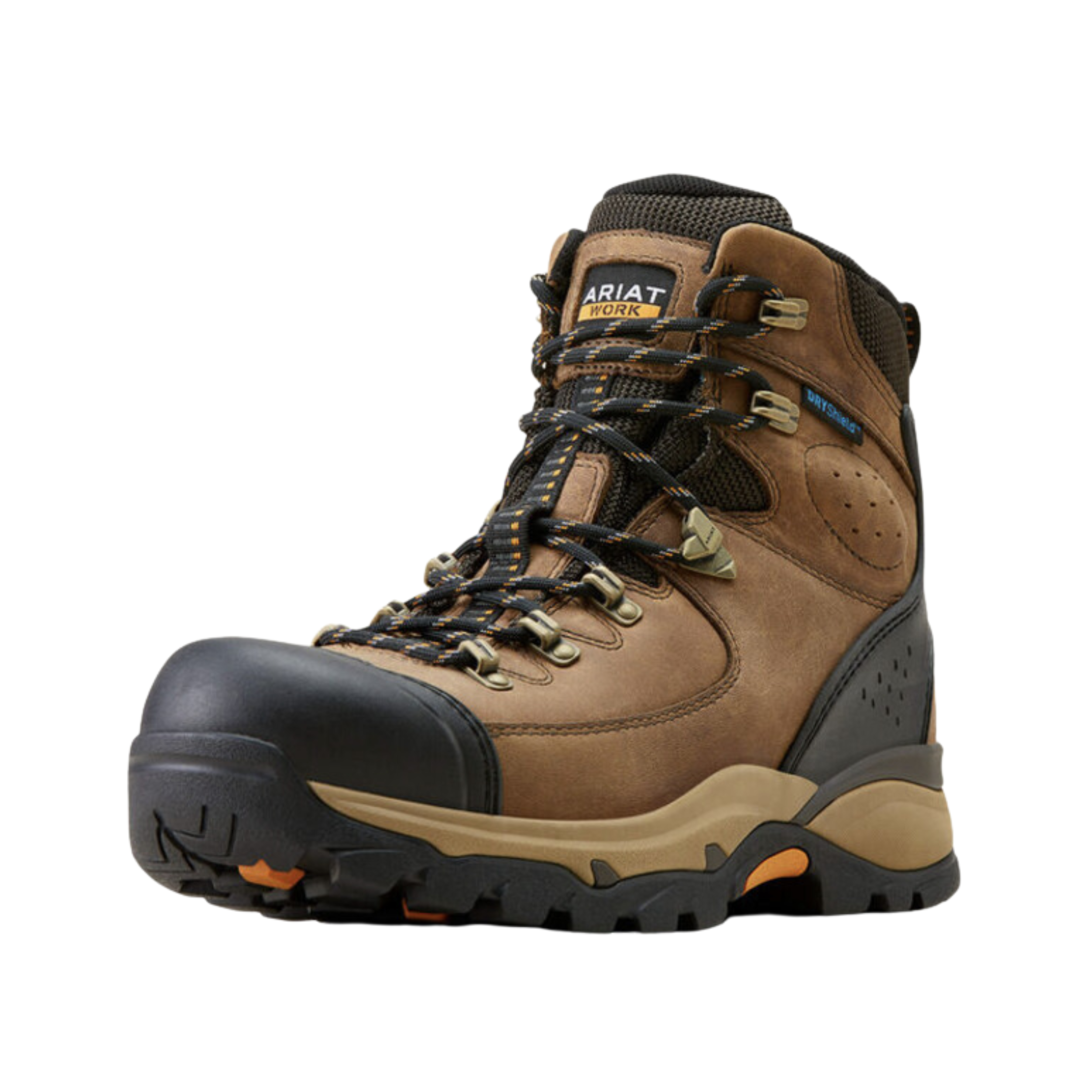 Side view of Men’s Ariat Endeavor 6-inch waterproof work boot in dusted brown – featuring waterproof full-grain leather upper, composite toe for ASTM-certified safety, durable rubber outsole with slip resistance, and cushioned footbed with anti-fatigue technology for all-day comfort.