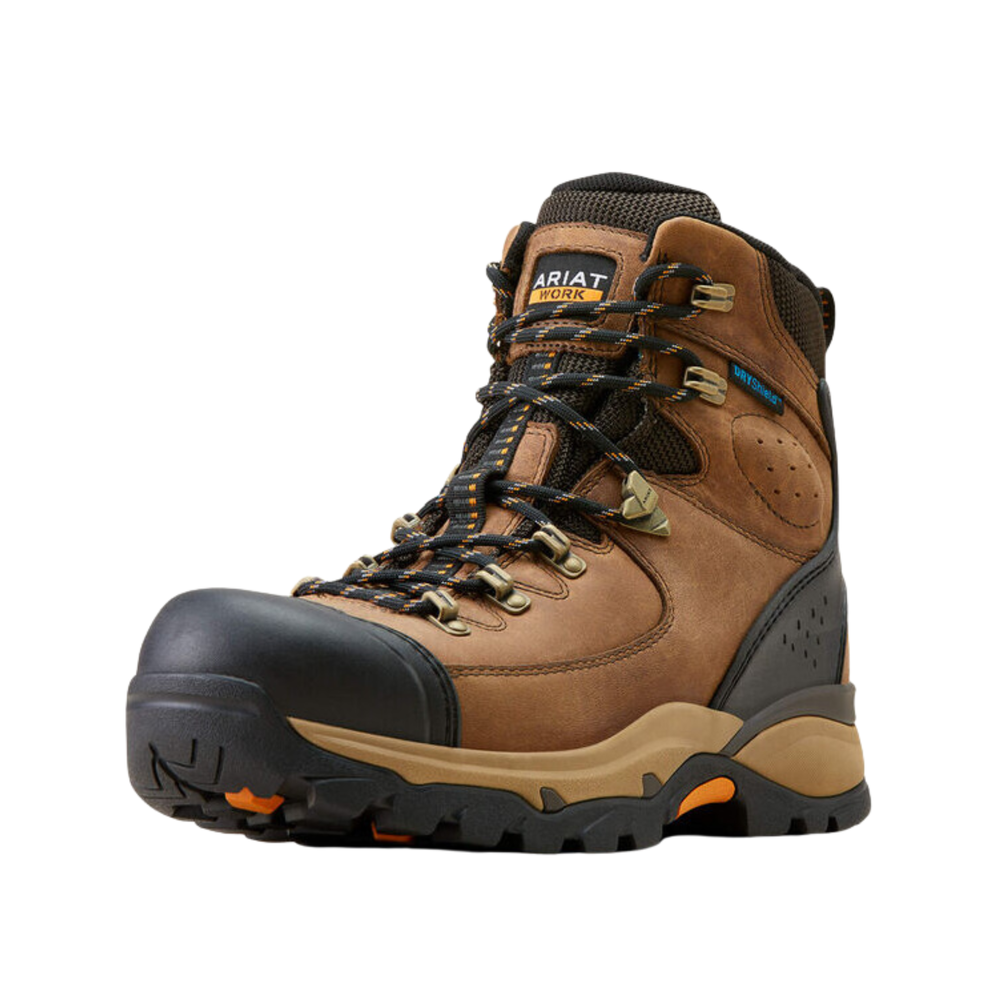 Side view of Men’s Ariat Endeavor waterproof work boot in brown, black, and orange – showcasing waterproof full-grain leather upper, lightweight composite safety toe, durable slip- and oil-resistant outsole, cushioned footbed with anti-fatigue technology, and electrical hazard protection for long-lasting comfort and safety.