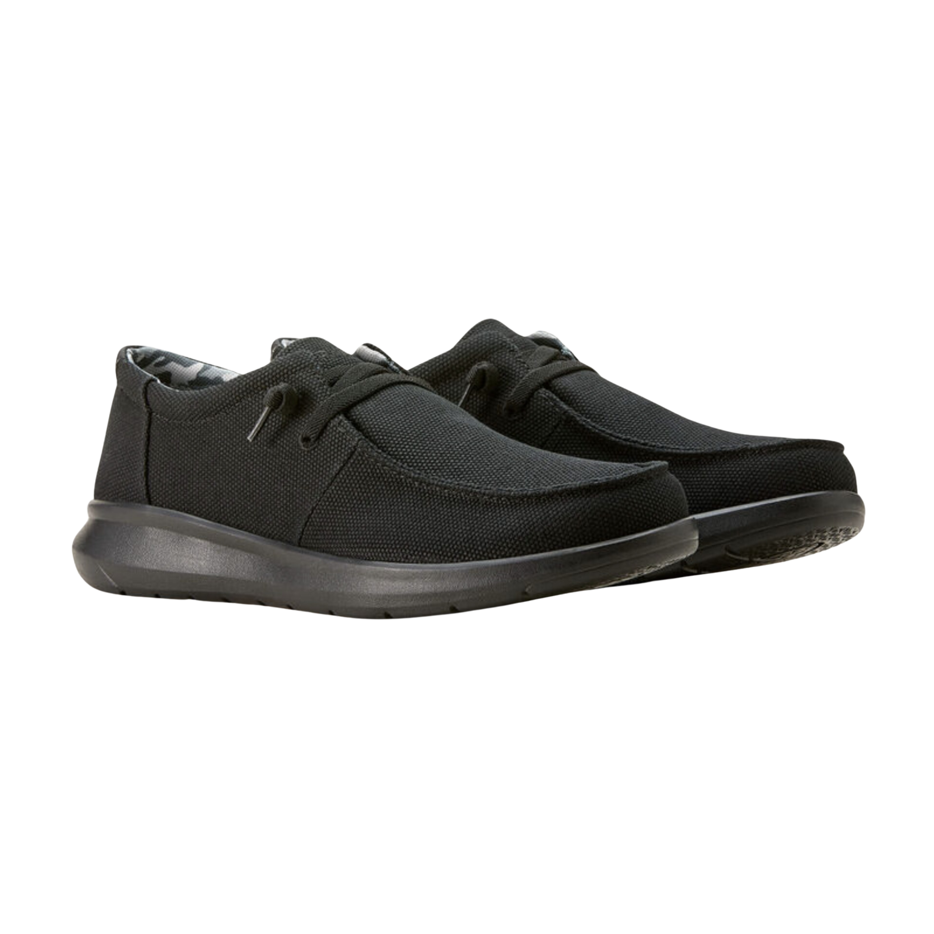 Side view of Men's Ariat Hilo casual slip-on shoe in all black – featuring smooth leather upper, padded collar, slip-resistant outsole, and easy slip-on design.