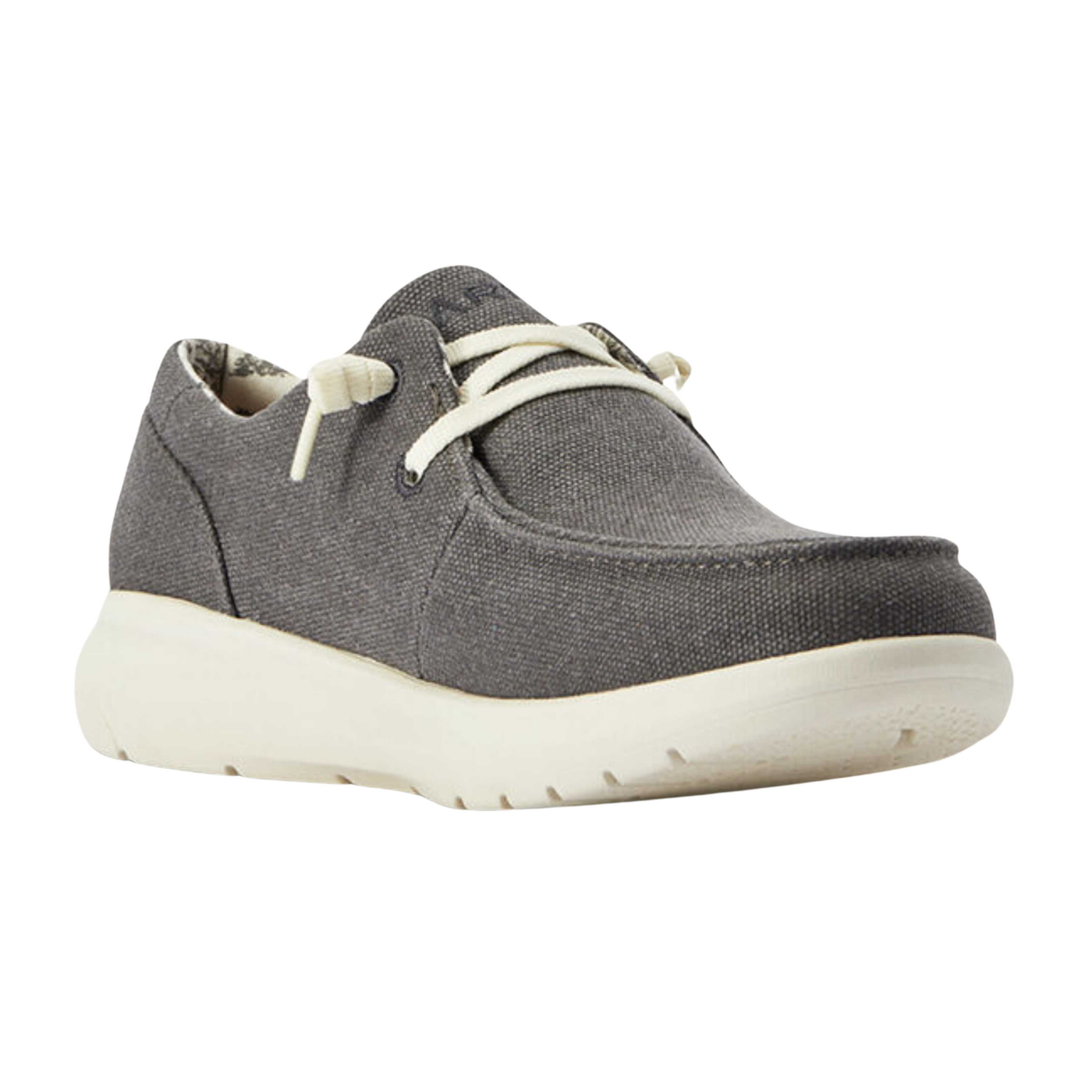 Side view of Women's Ariat Hilo casual slip-on shoe in grey and white – featuring distressed leather upper, cushioned footbed for comfort, flexible outsole, and slip-on styling.