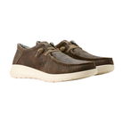 Side view of Men's Ariat Hilo casual slip-on shoe in brown and white – featuring premium leather upper, cushioned insole for comfort, slip-on design for convenience, and durable rubber outsole.