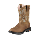 Side view of Women’s Ariat Tracey pull-on composite toe work boot in brown, pink, and black – featuring composite safety toe, pull-on style with elastic gore, waterproof upper, and supportive sole.