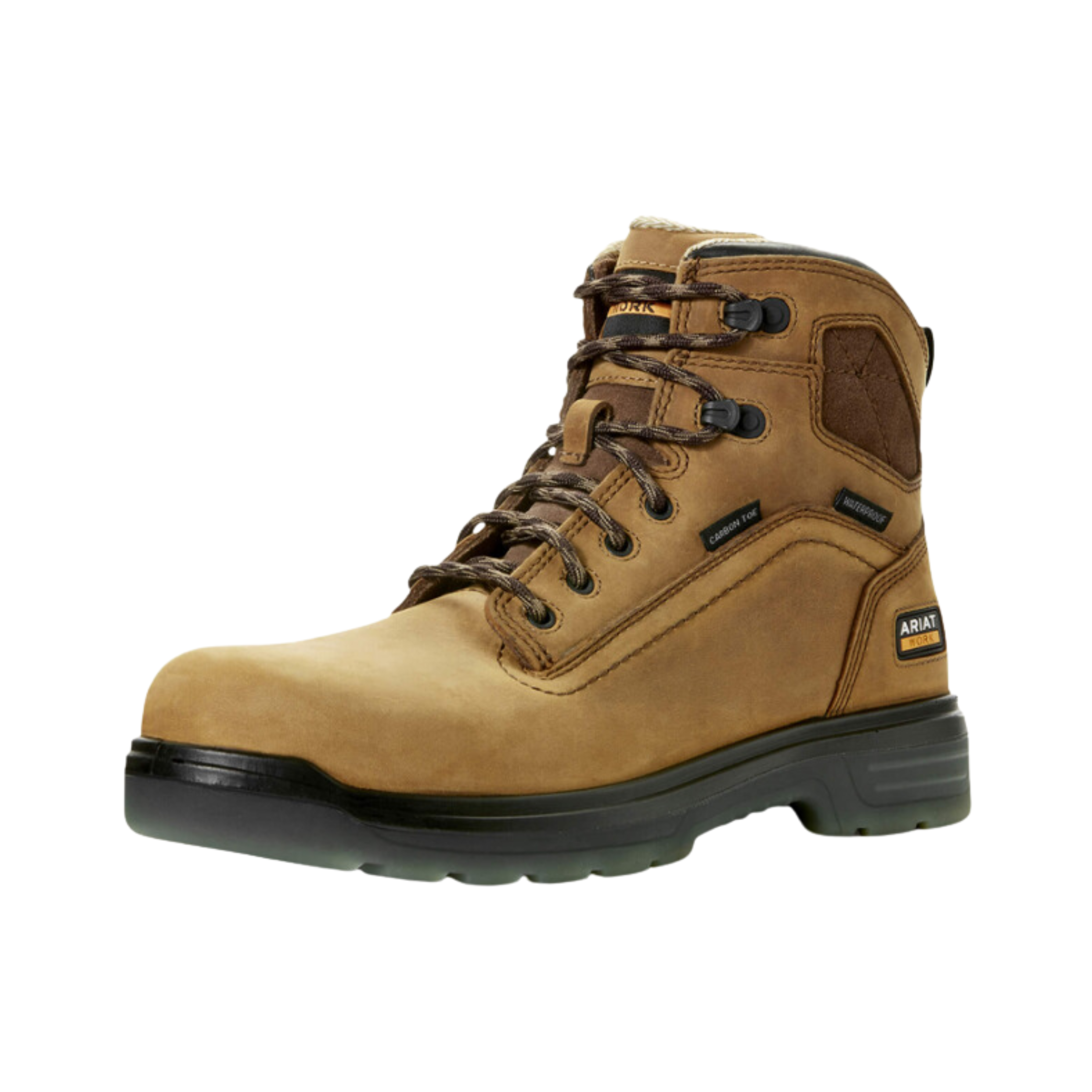 Side view of Men’s Ariat Turbo 6-inch waterproof carbon toe work boot in brown and black – featuring waterproof leather upper, protective carbon safety toe, slip-resistant sole, and padded collar for comfort.